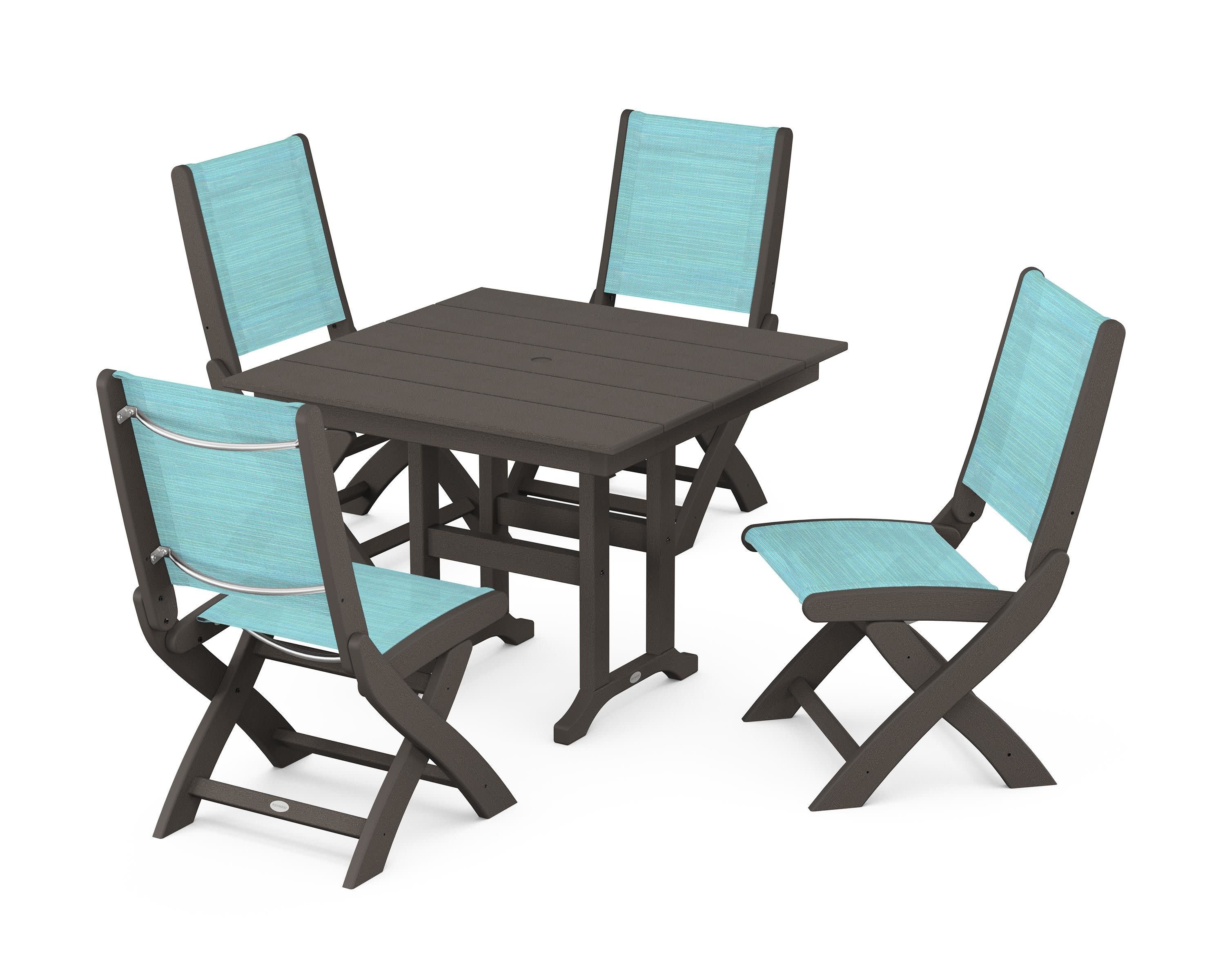 Coastal Folding Side Chair 5-Piece Farmhouse Dining Set in Vintage Coffee / Dupioni Aquamarine Sling