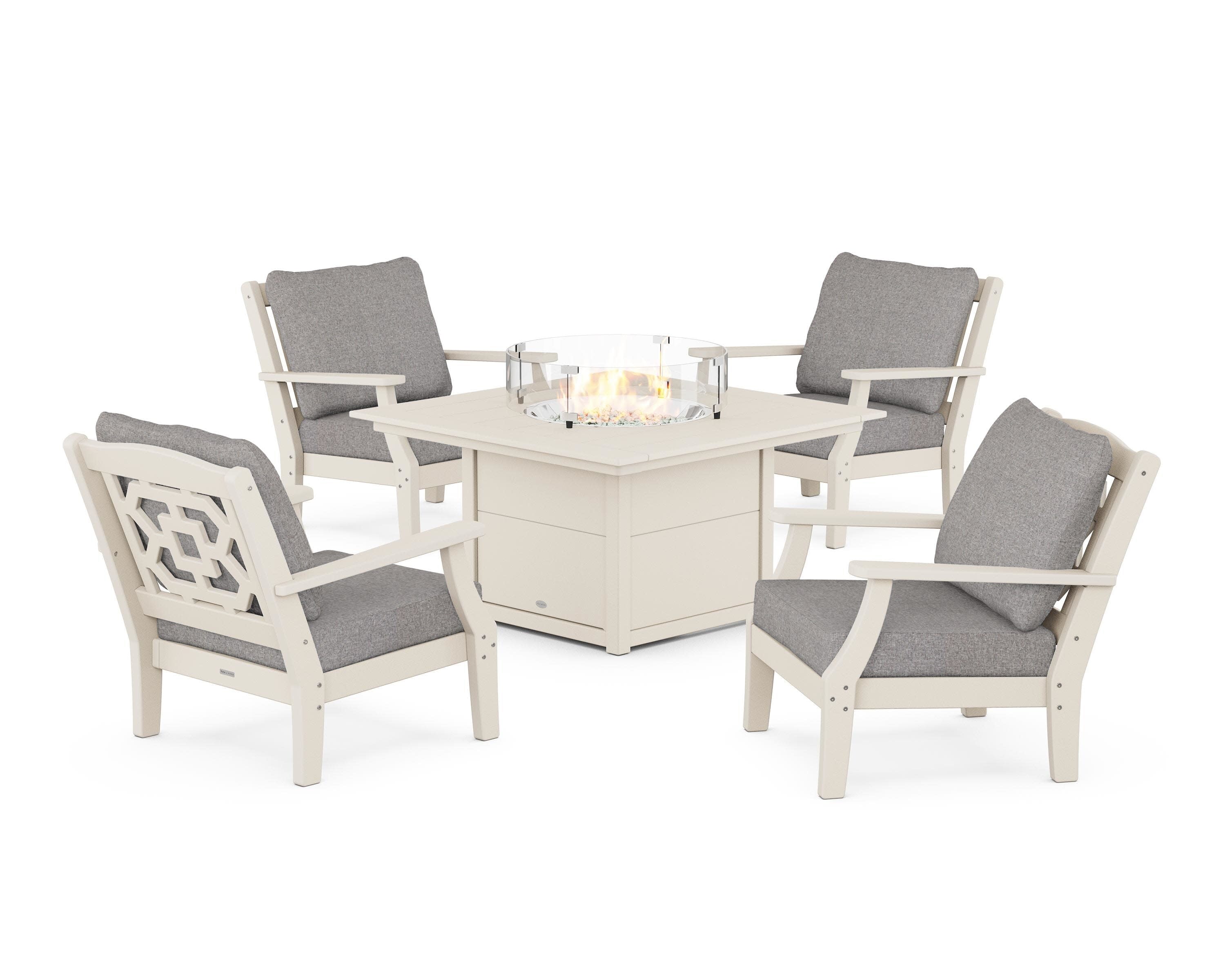 Chinoiserie 5-Piece Deep Seating Set with Fire Pit Table in Sand / Grey Mist