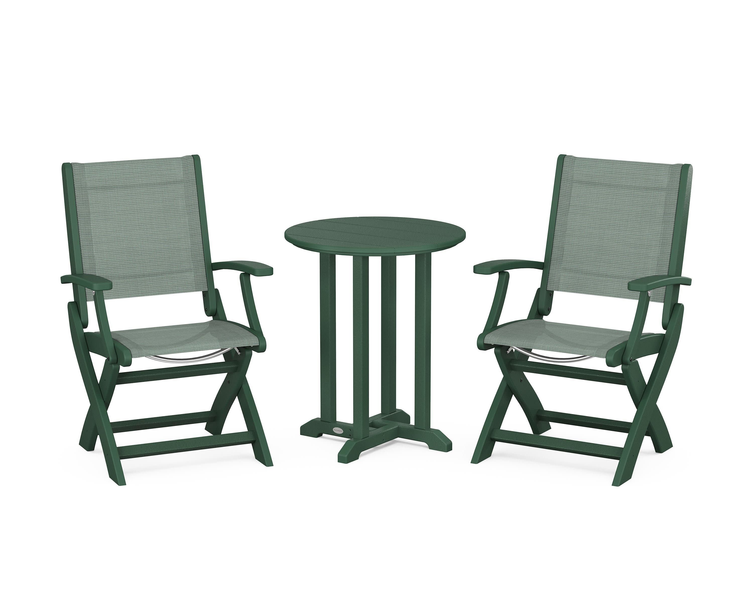 Coastal Folding 3-Piece Round Bistro Dining Set in Green / Dupioni Sea Mist Sling