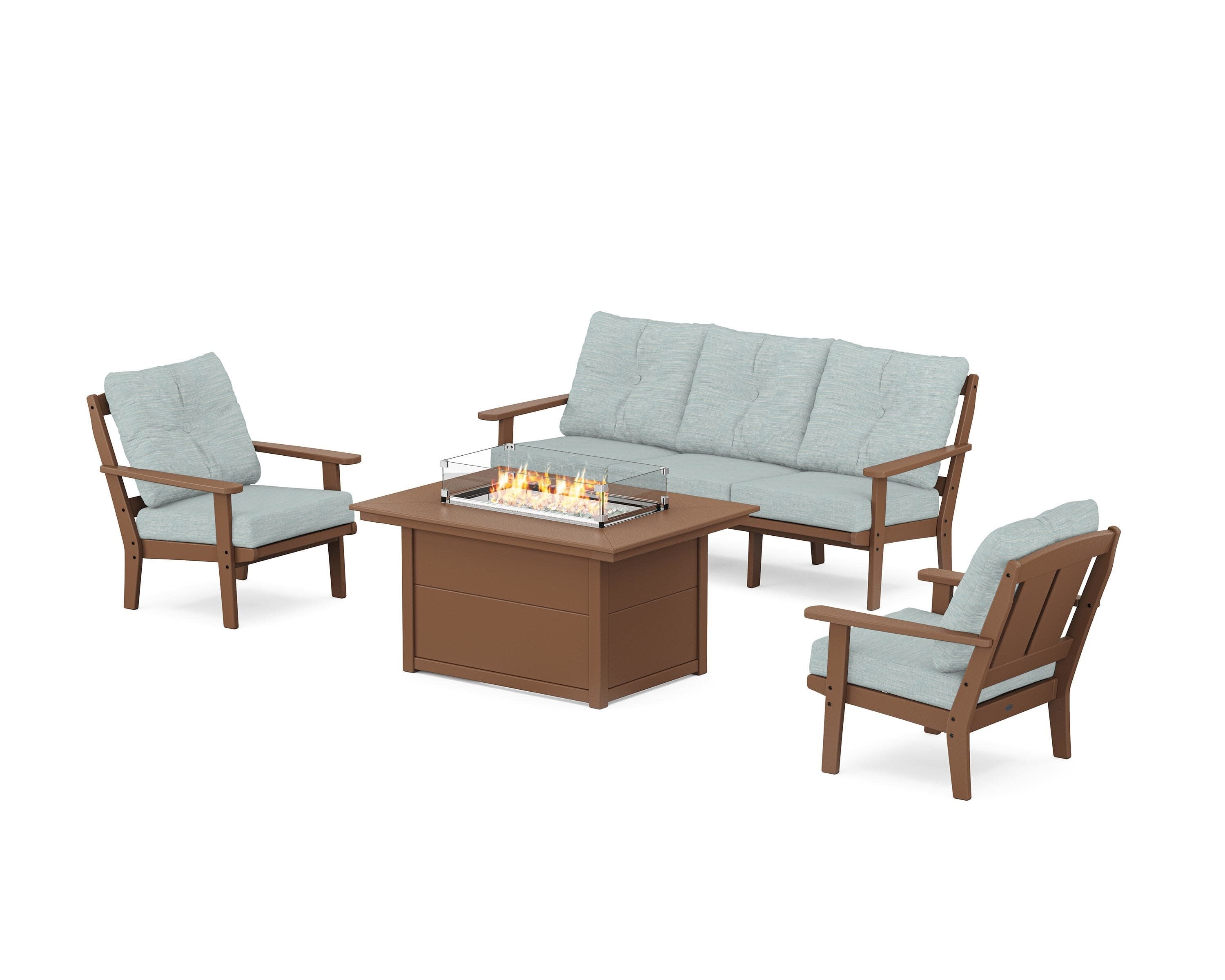 Mission Deep Seating Fire Pit Table Set in Teak / Soothe Mist