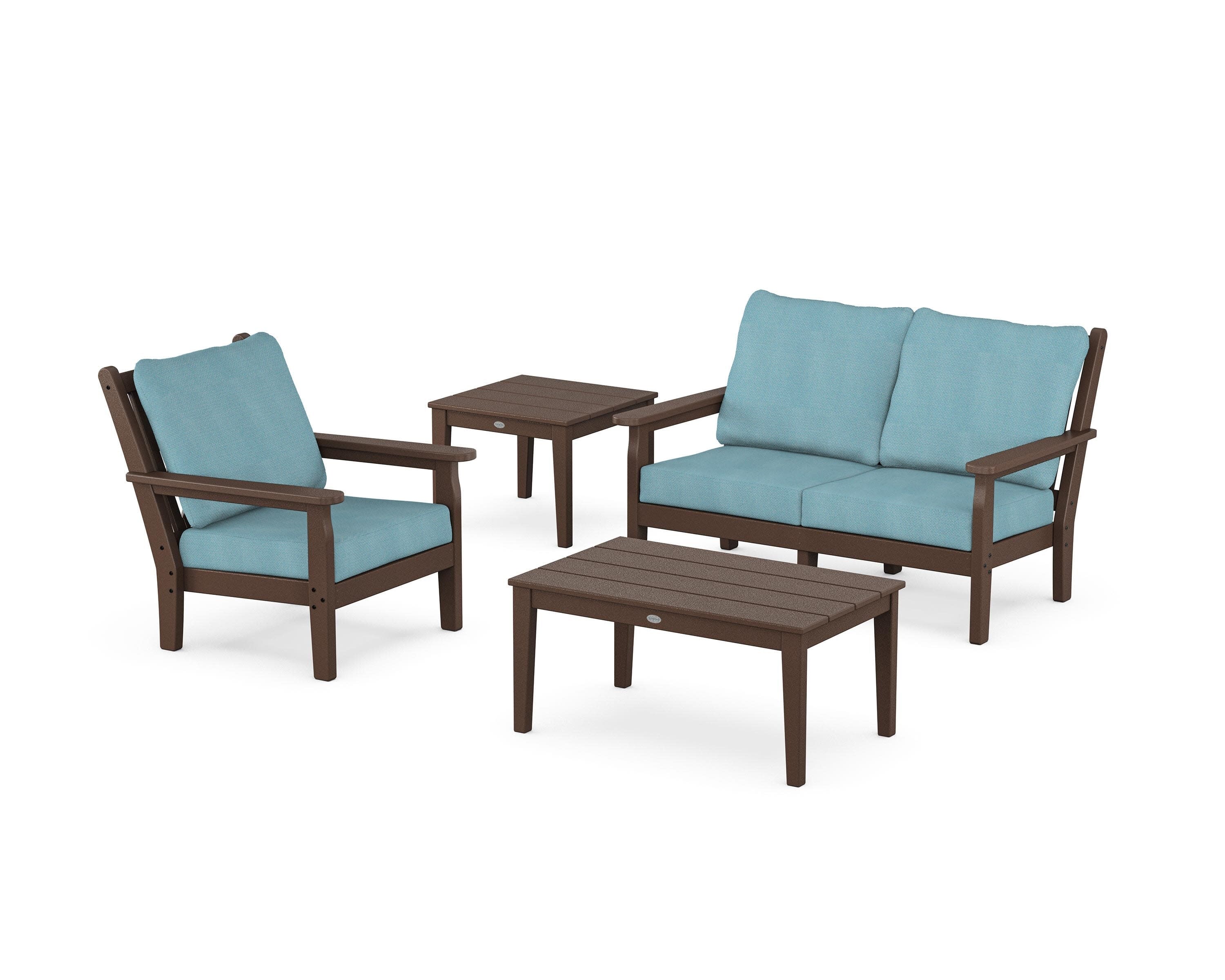 Chippendale 4-Piece Deep Seating Set in Mahogany / Lattice Sky Blue