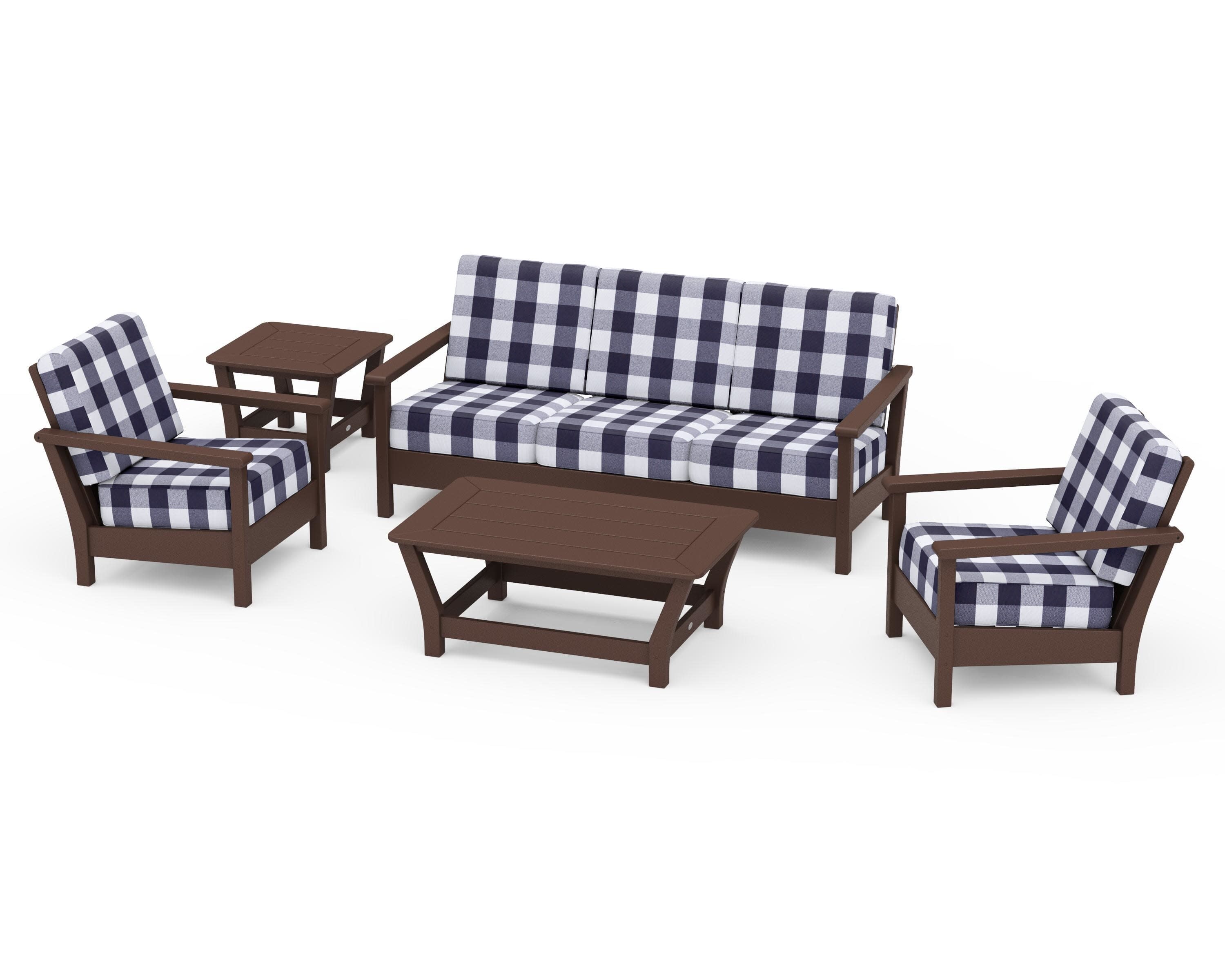 Harbour 5-Piece Deep Seating Set in Mahogany / Buffalo Plaid Navy