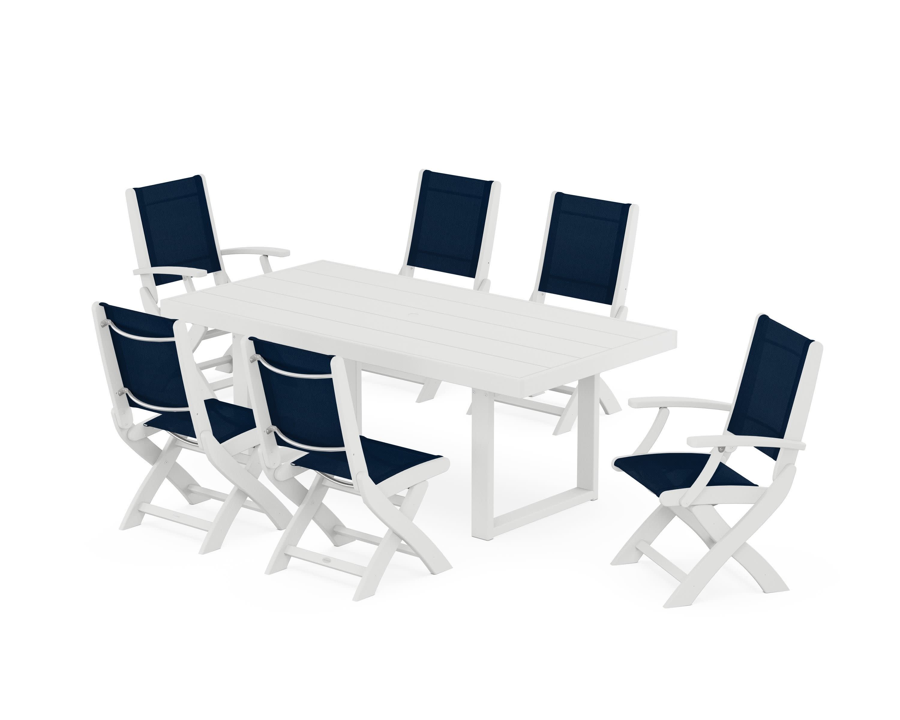Coastal Folding Chair 7-Piece Dining Set with Trestle Legs in White / Navy Blue Sling