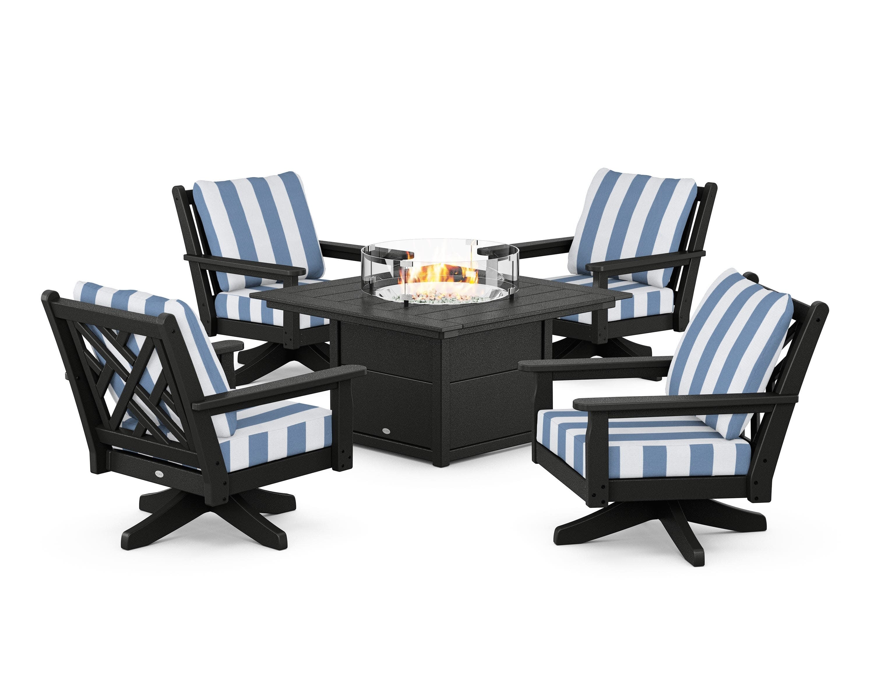 Chippendale 5-Piece Deep Seating Swivel Conversation Set with Fire Pit Table in Black / Cabana Stripe Sky Blue