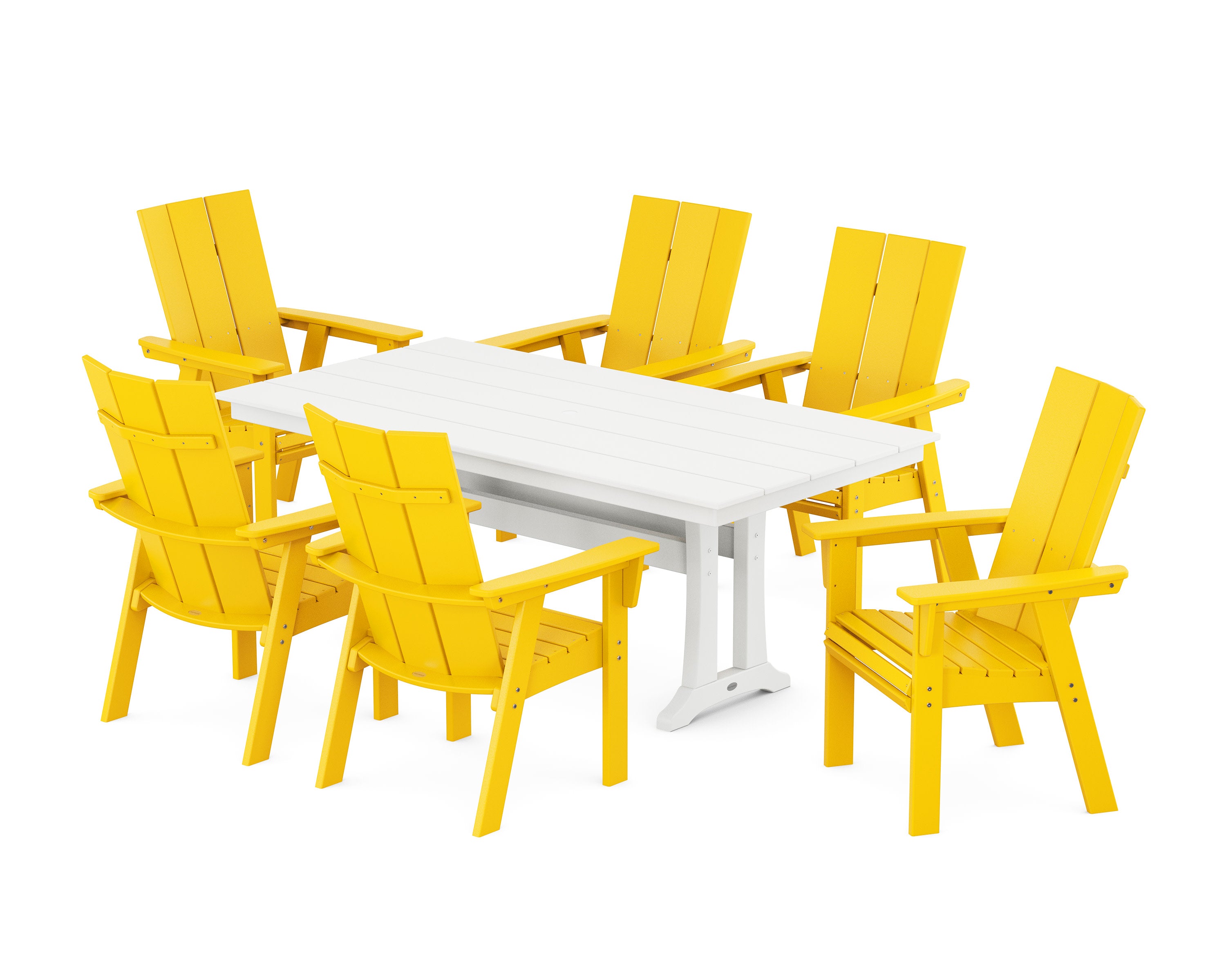 Modern Curveback Adirondack 7-Piece Farmhouse Dining Set with Trestle Legs in Lemon / White
