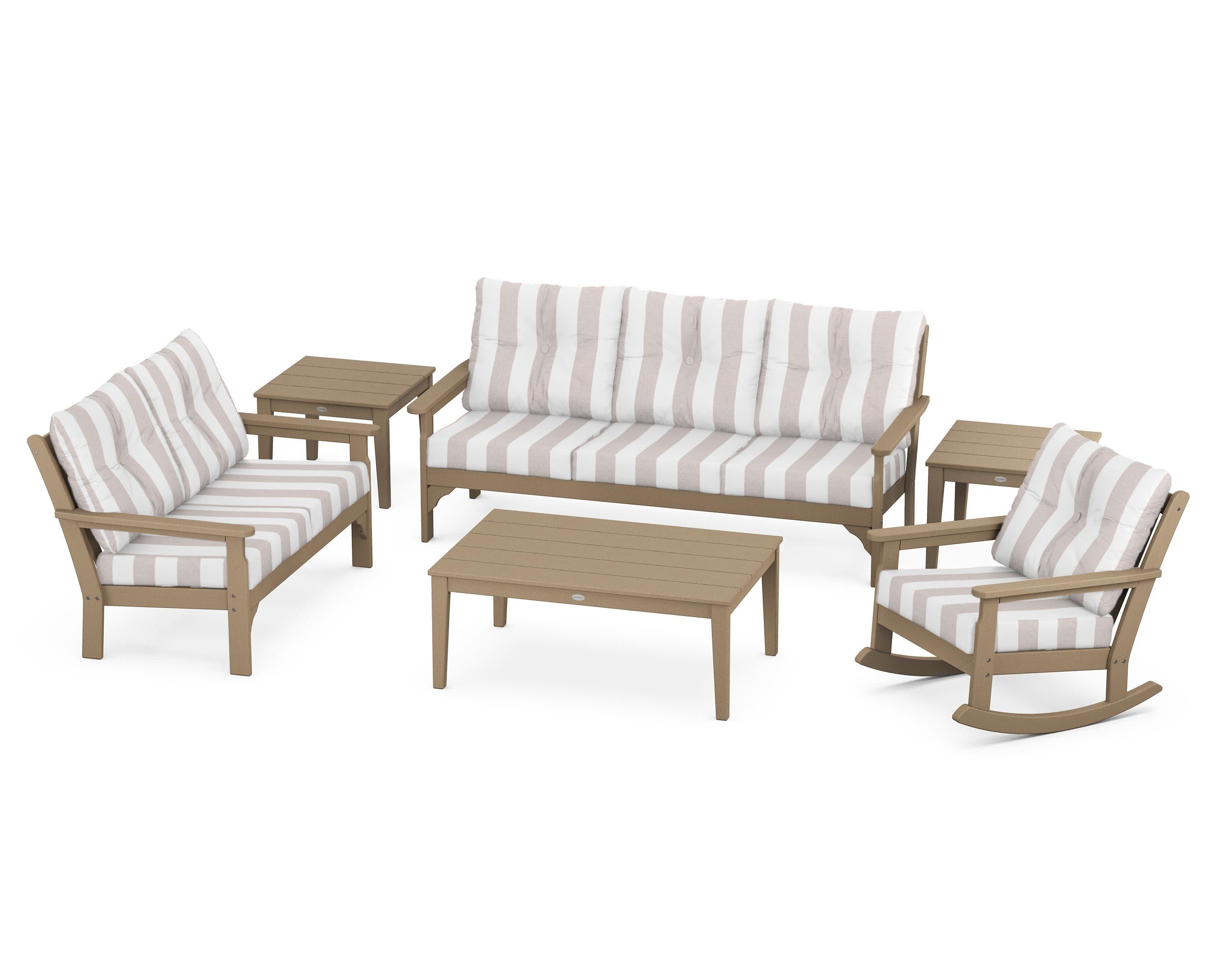Vineyard 6-Piece Deep Seating Set in Vintage Sahara / Cabana Stripe Dune Burlap