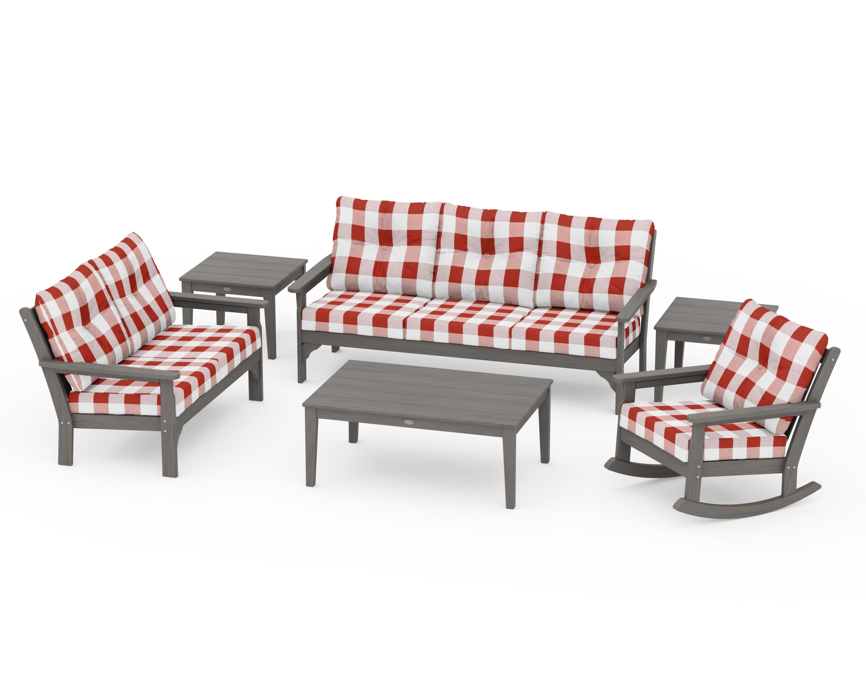 Vineyard 6-Piece Deep Seating Set in Driftwood / Buffalo Plaid Crimson