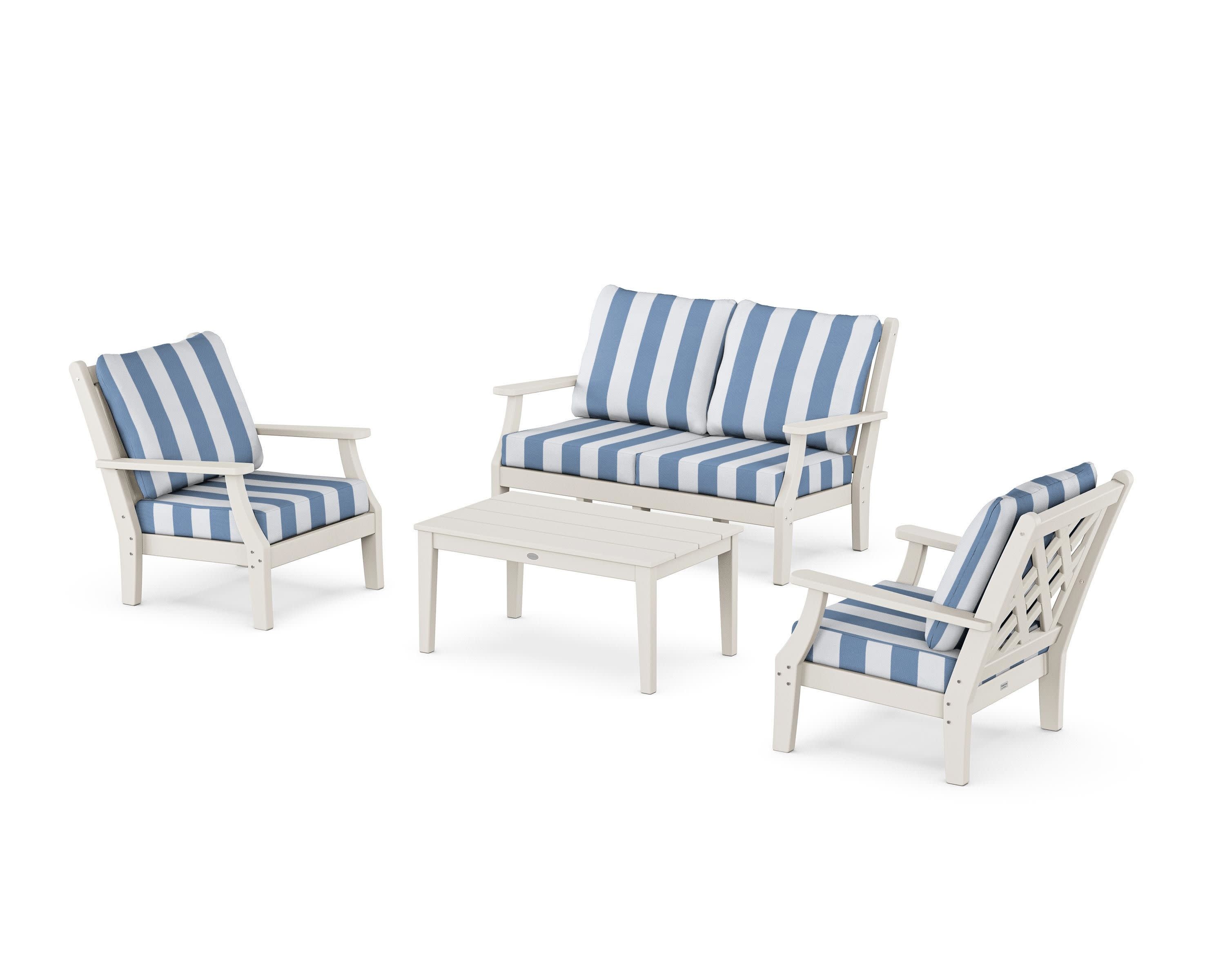 Wovendale 4-Piece Deep Seating Set with Loveseat in Sand / Cabana Stripe Sky Blue