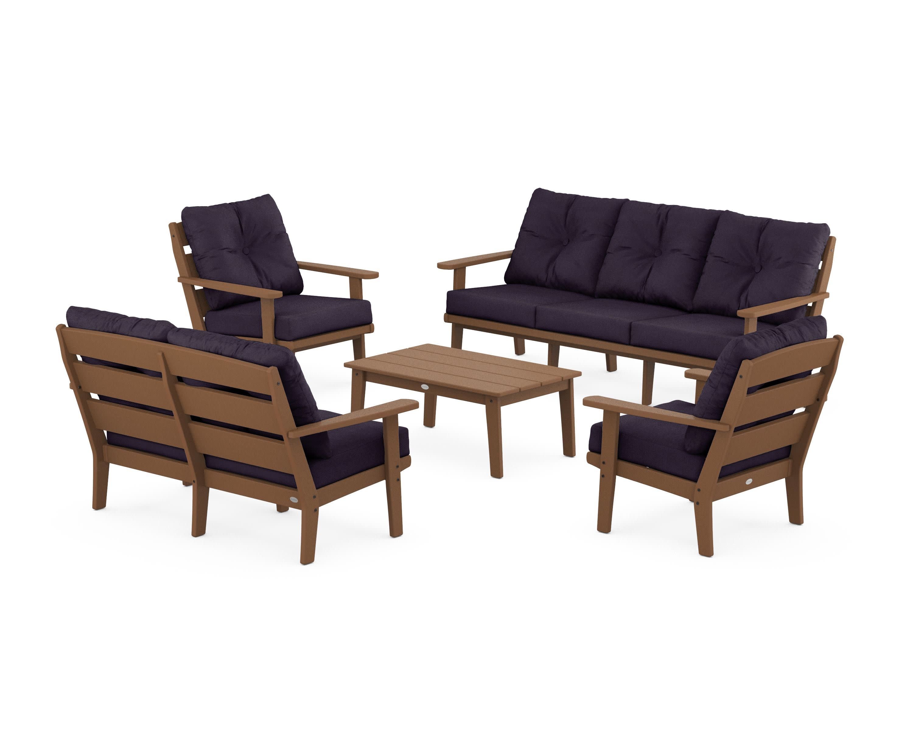 Lakeside 5-Piece Lounge Sofa Set in Teak / Navy Linen