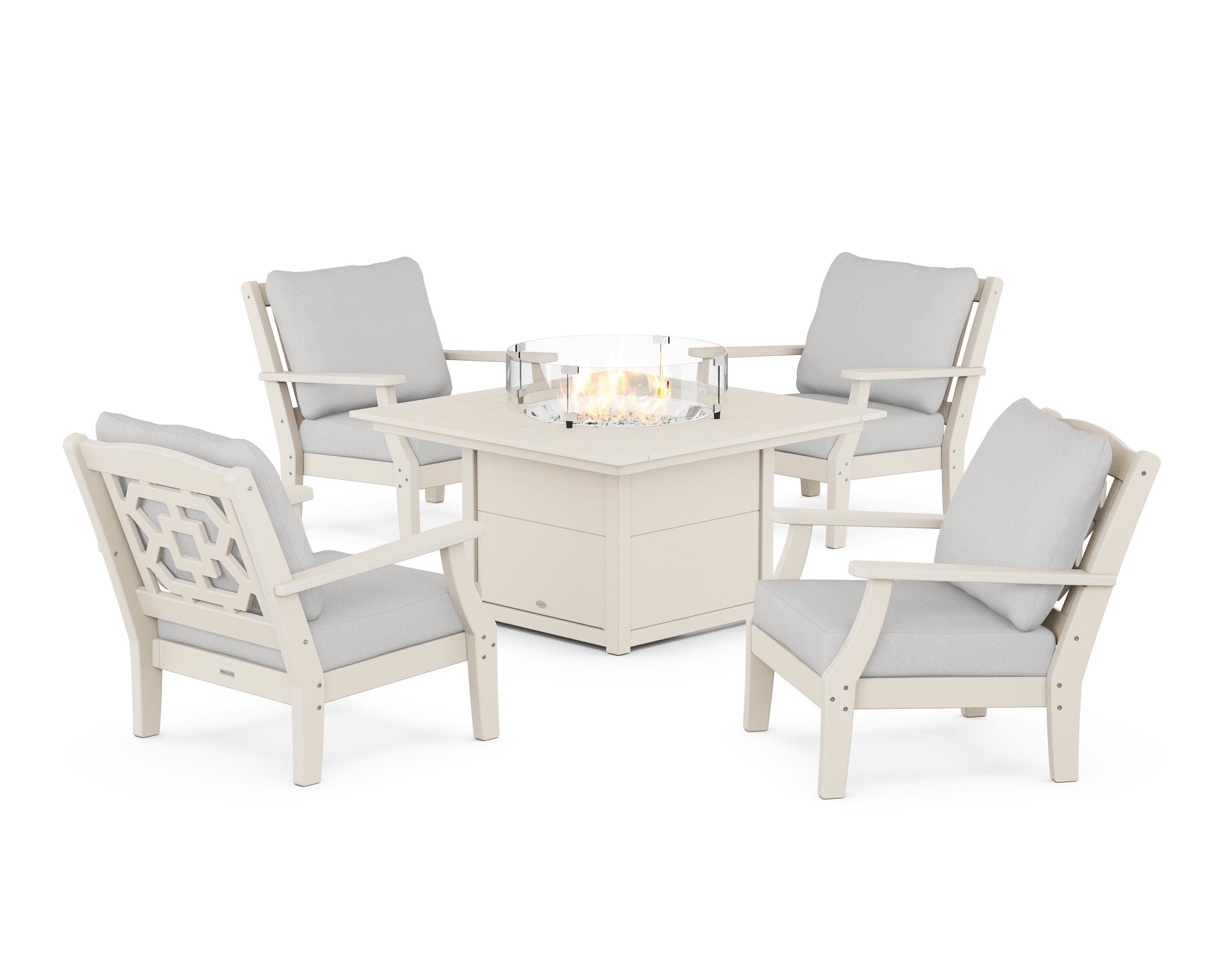 Chinoiserie 5-Piece Deep Seating Set with Fire Pit Table in Sand / Diamond in the Rough