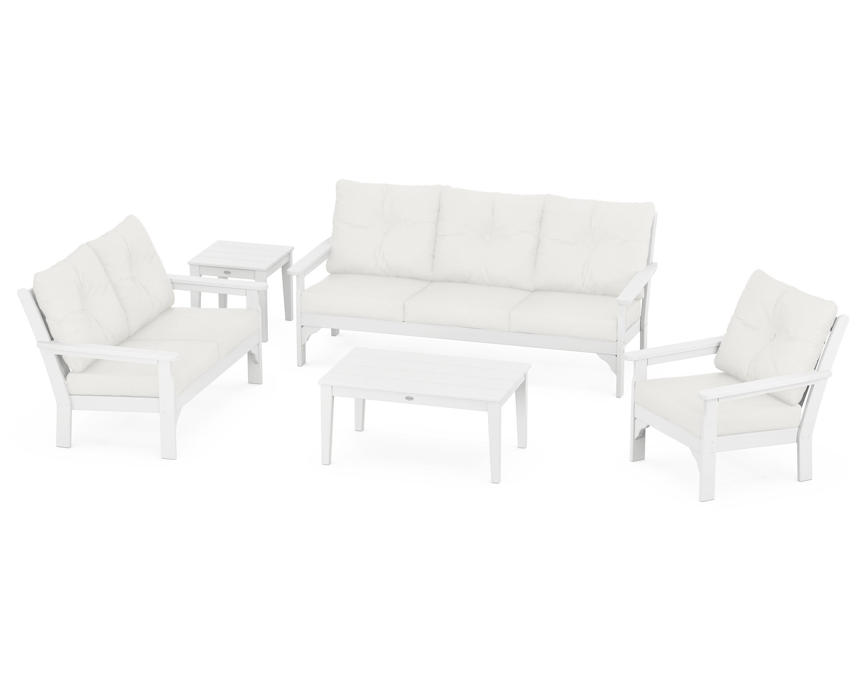 Vineyard 5 Piece Deep Seating Set in White / Natural Linen