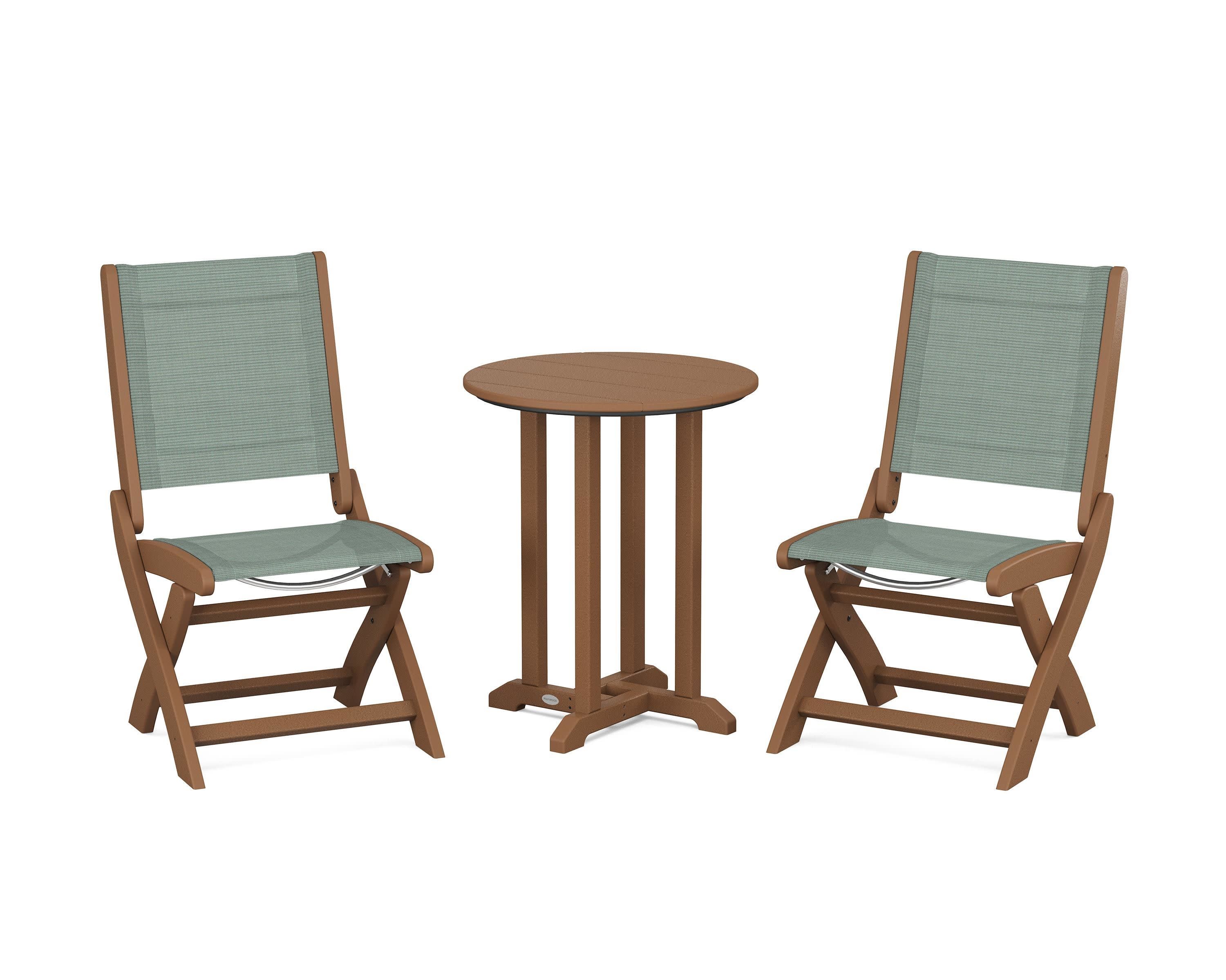 Coastal Folding Side Chair 3-Piece Round Bistro Dining Set in Teak / Dupioni Sea Mist Sling