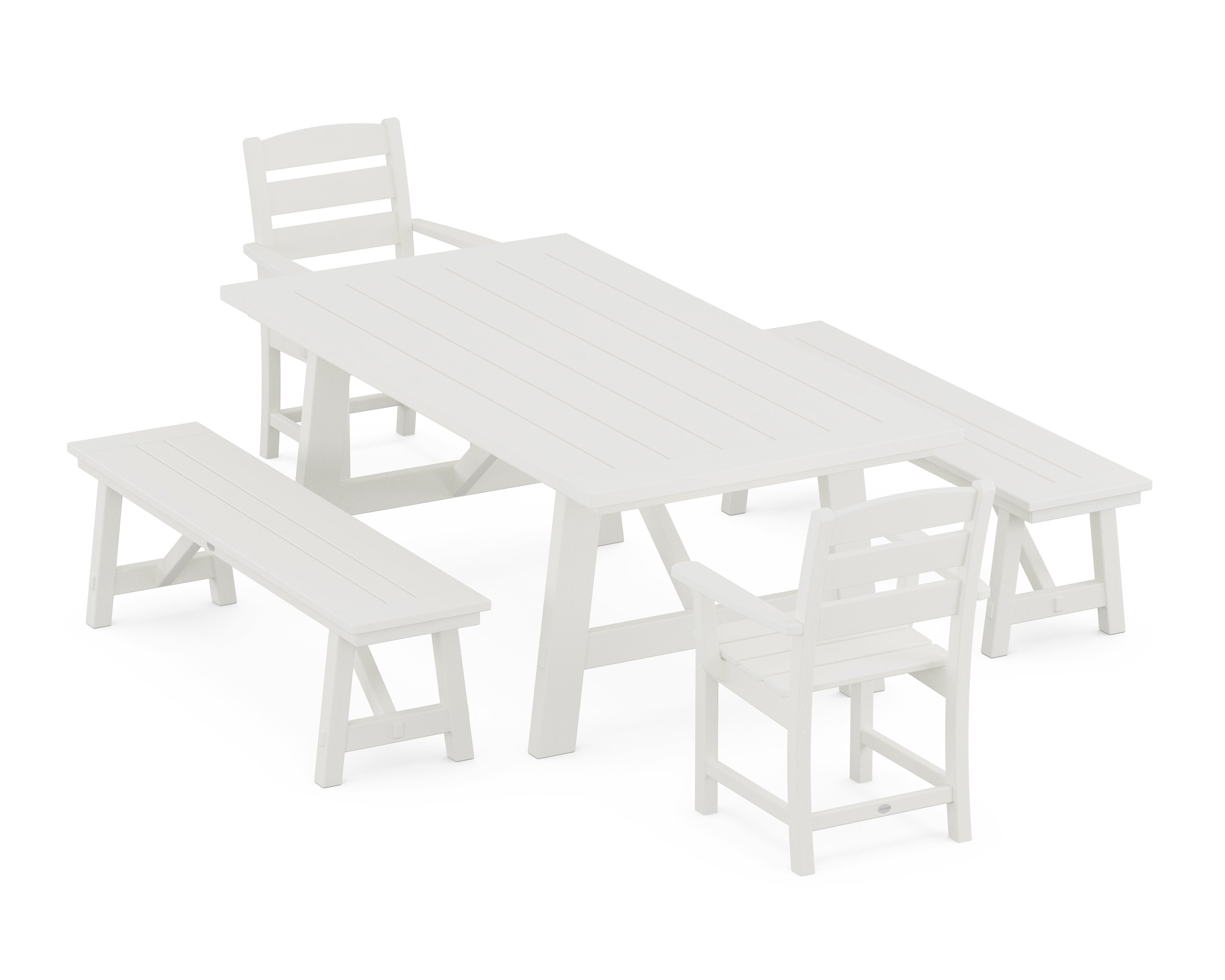 Lakeside 5-Piece Rustic Farmhouse Dining Set With Benches in Vintage White