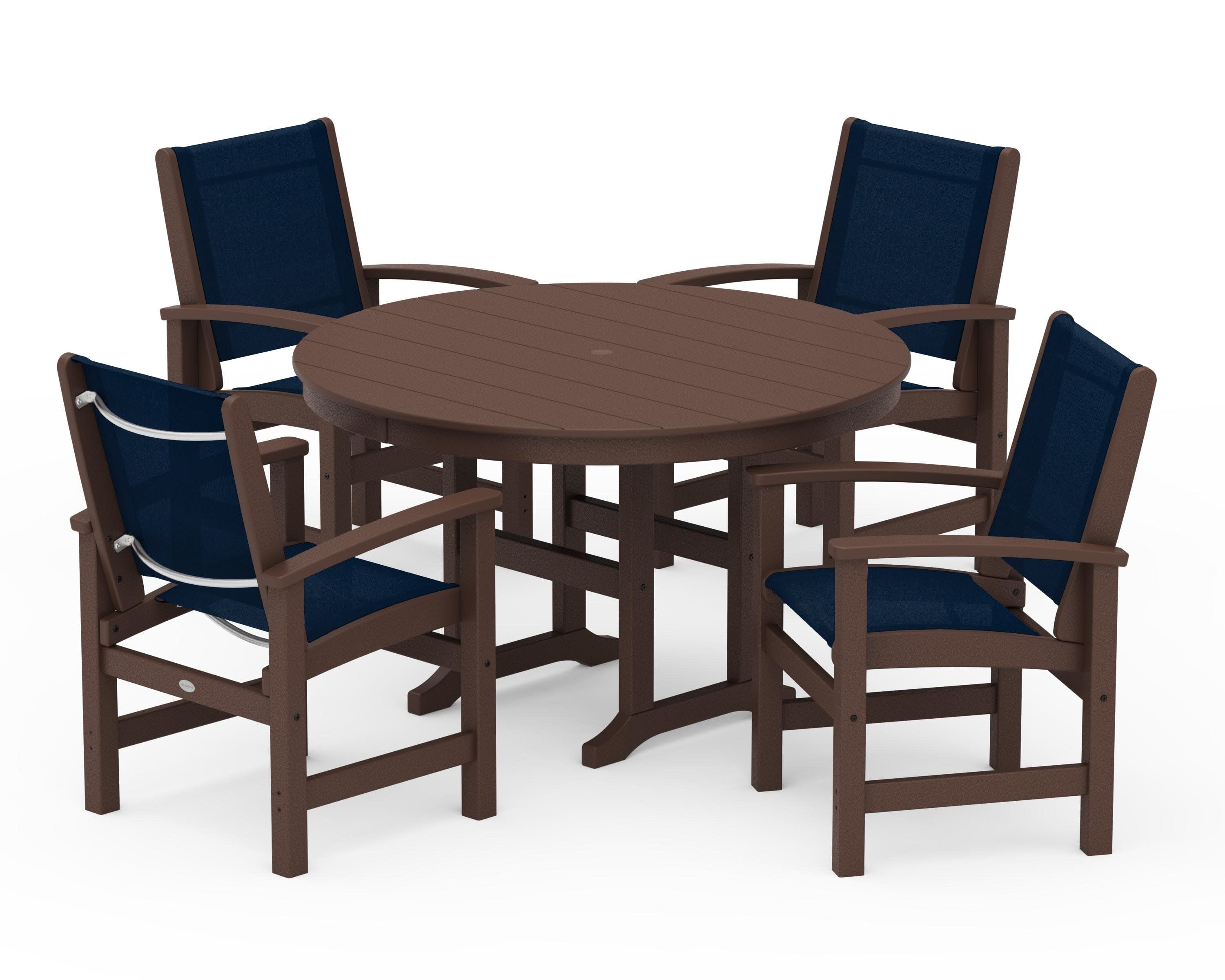 Coastal 5-Piece Round Farmhouse Dining Set in Mahogany / Navy Blue Sling