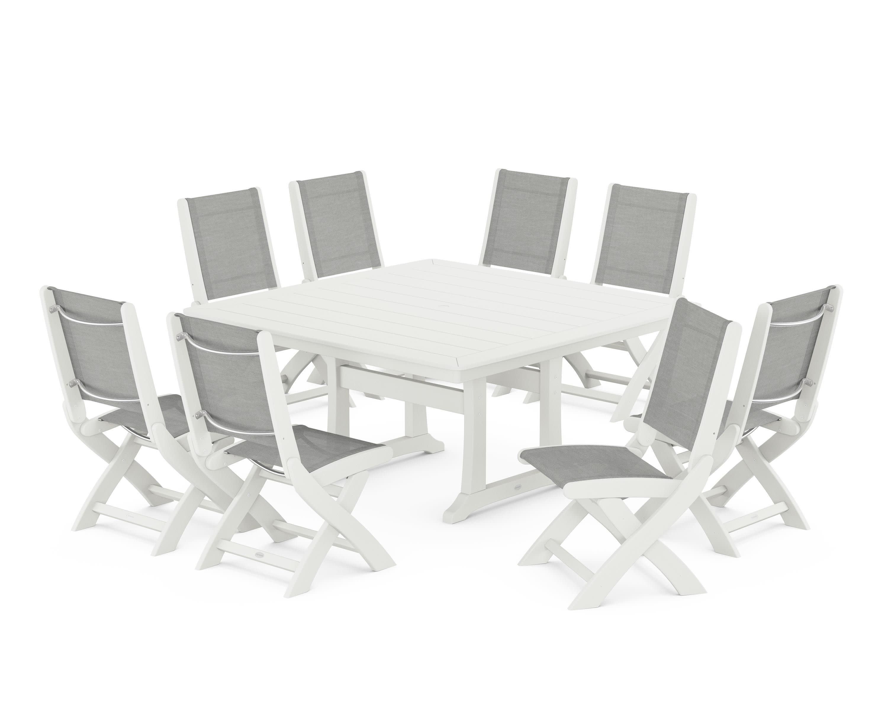Coastal Folding Side Chair 9-Piece Dining Set with Trestle Legs in Vintage White / Metallic Sling