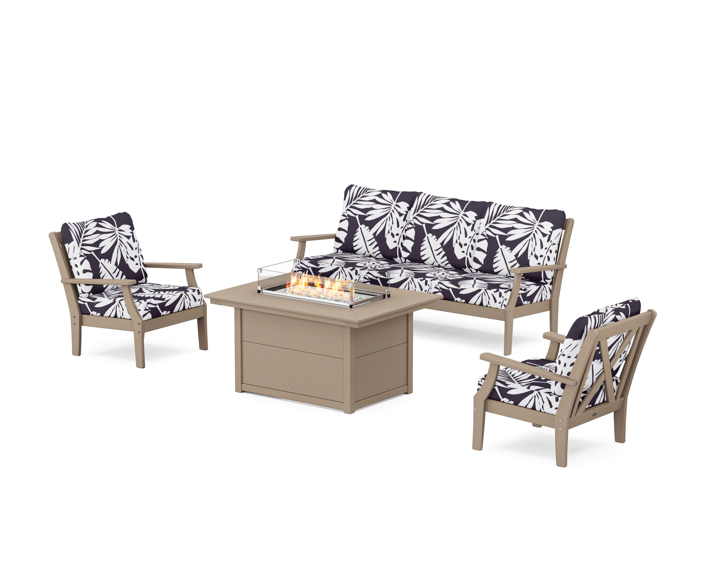 Braxton Deep Seating Fire Pit Table Set in Vintage Sahara / Leaf Navy
