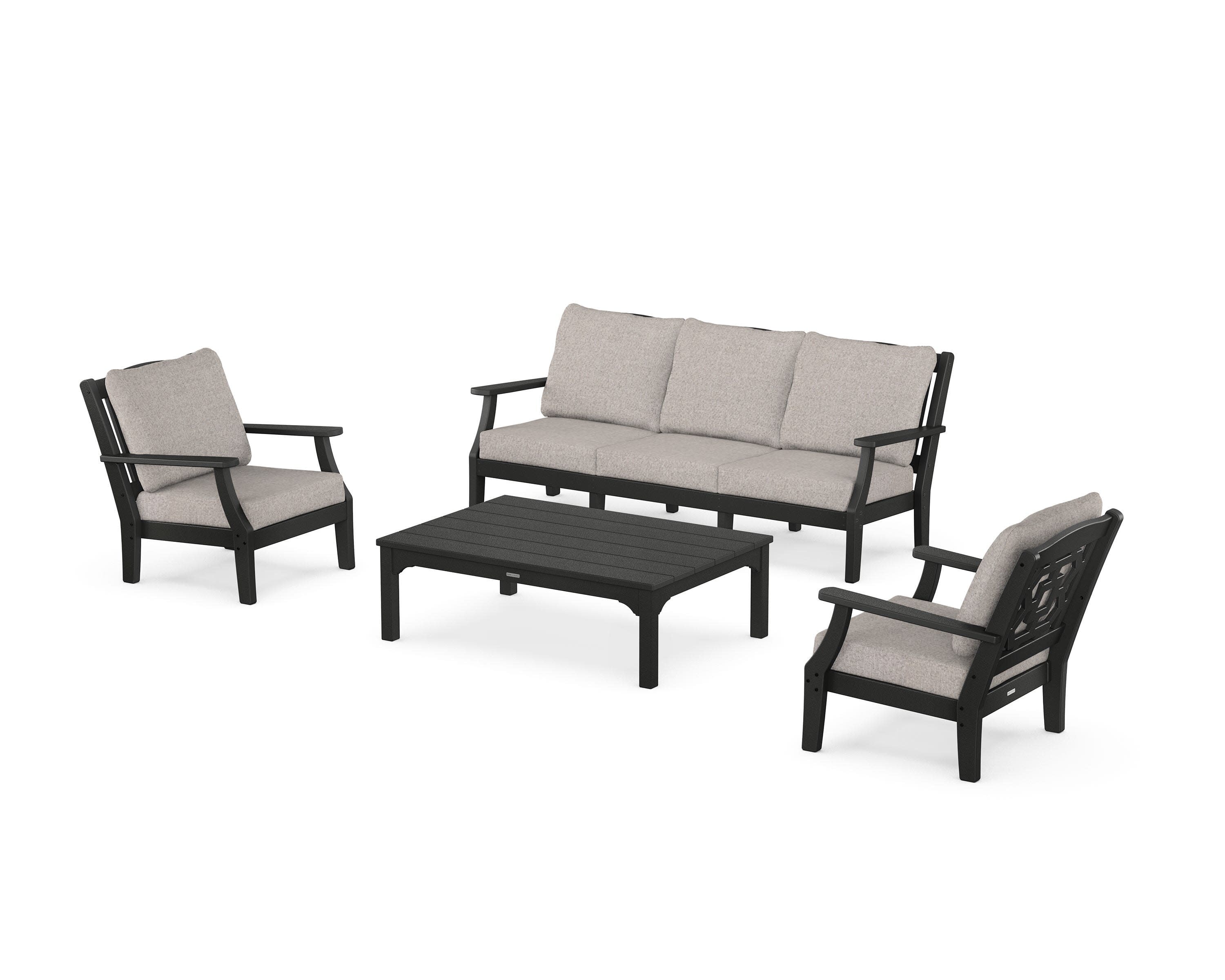 Chinoiserie 4-Piece Deep Seating Set with Sofa in Black / Weathered Tweed
