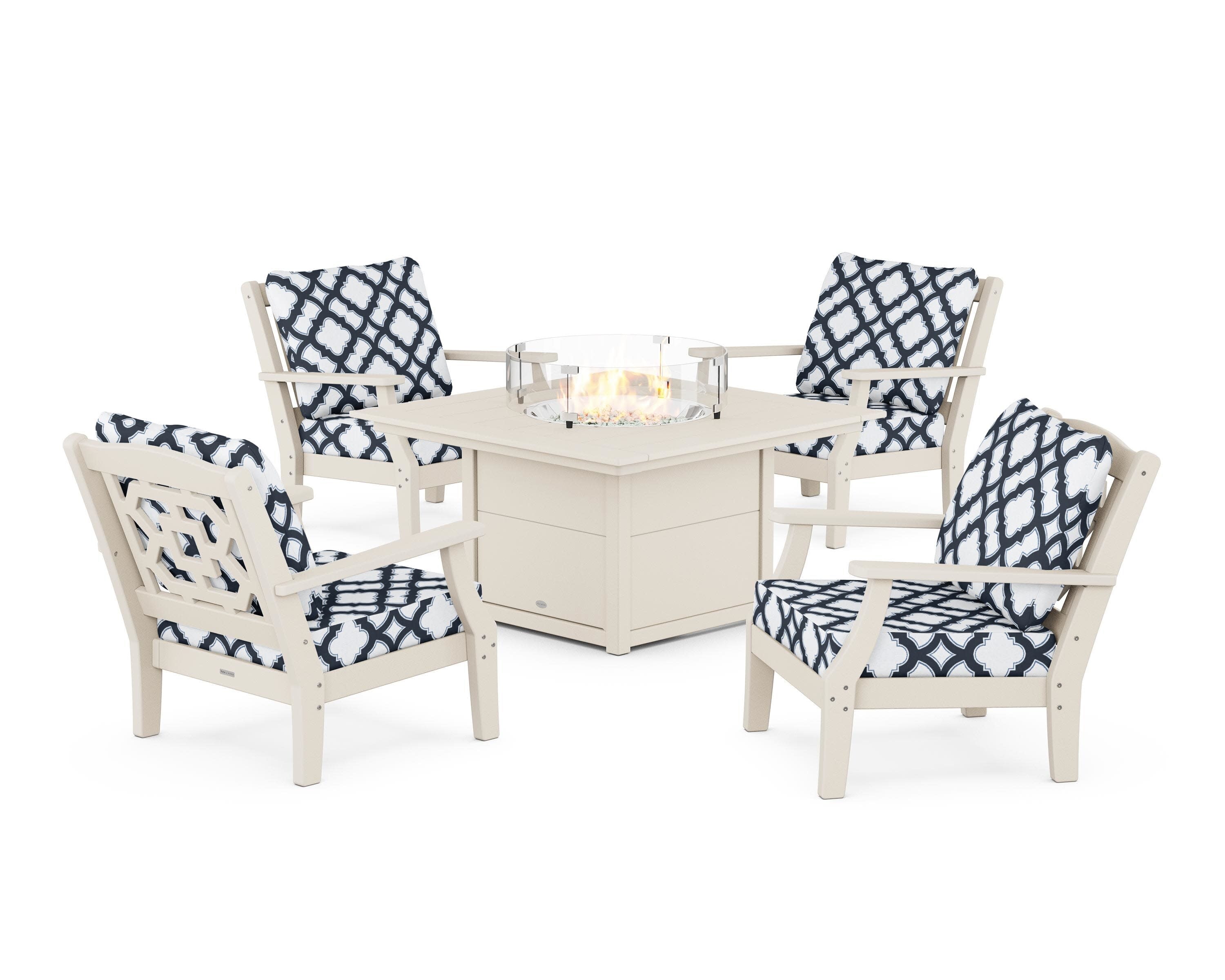 Chinoiserie 5-Piece Deep Seating Set with Fire Pit Table in Sand / Trellis Marine Indigo