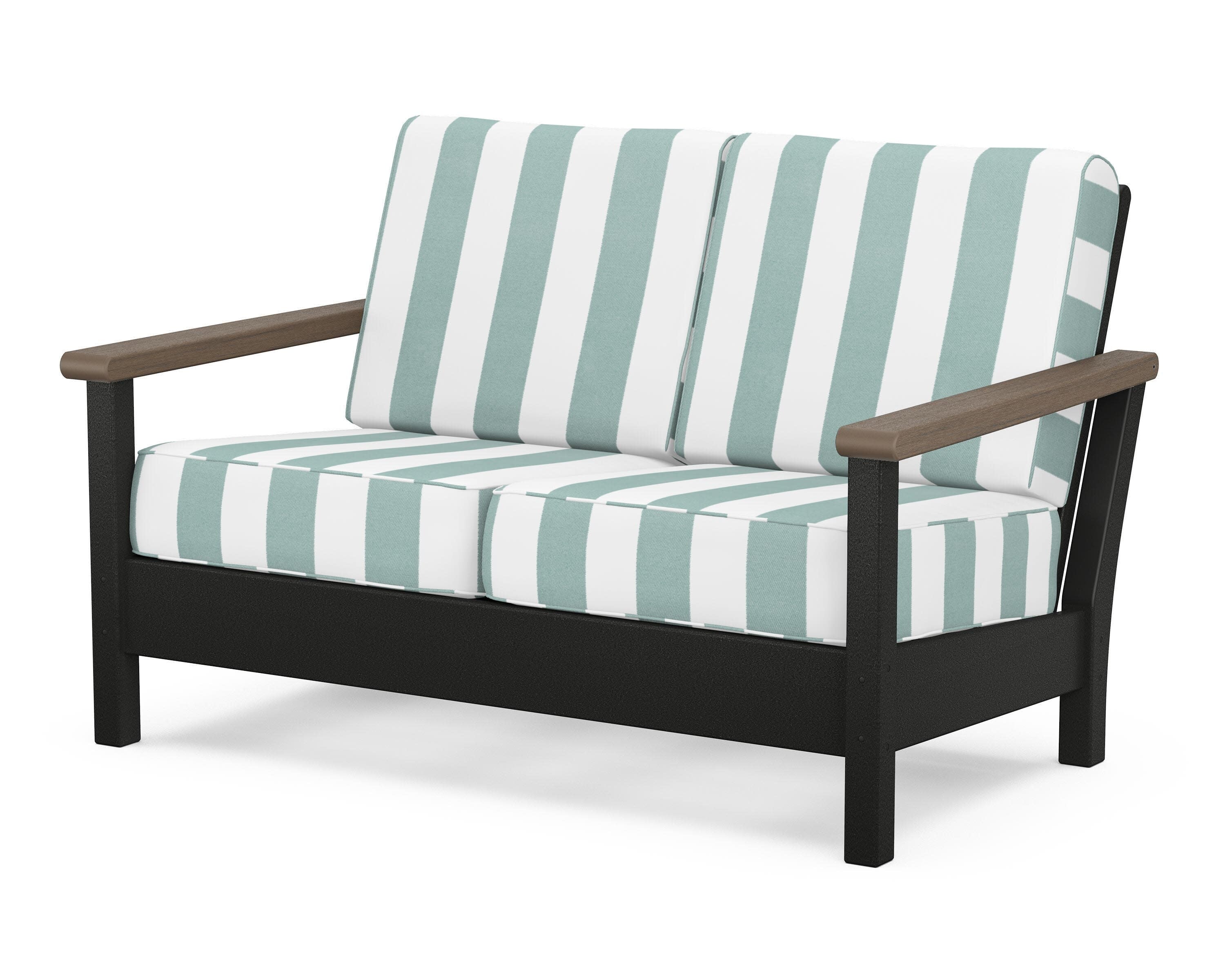 Harbour Deep Seating Loveseat in Black / Kona / Cabana Stripe Glacier Spa