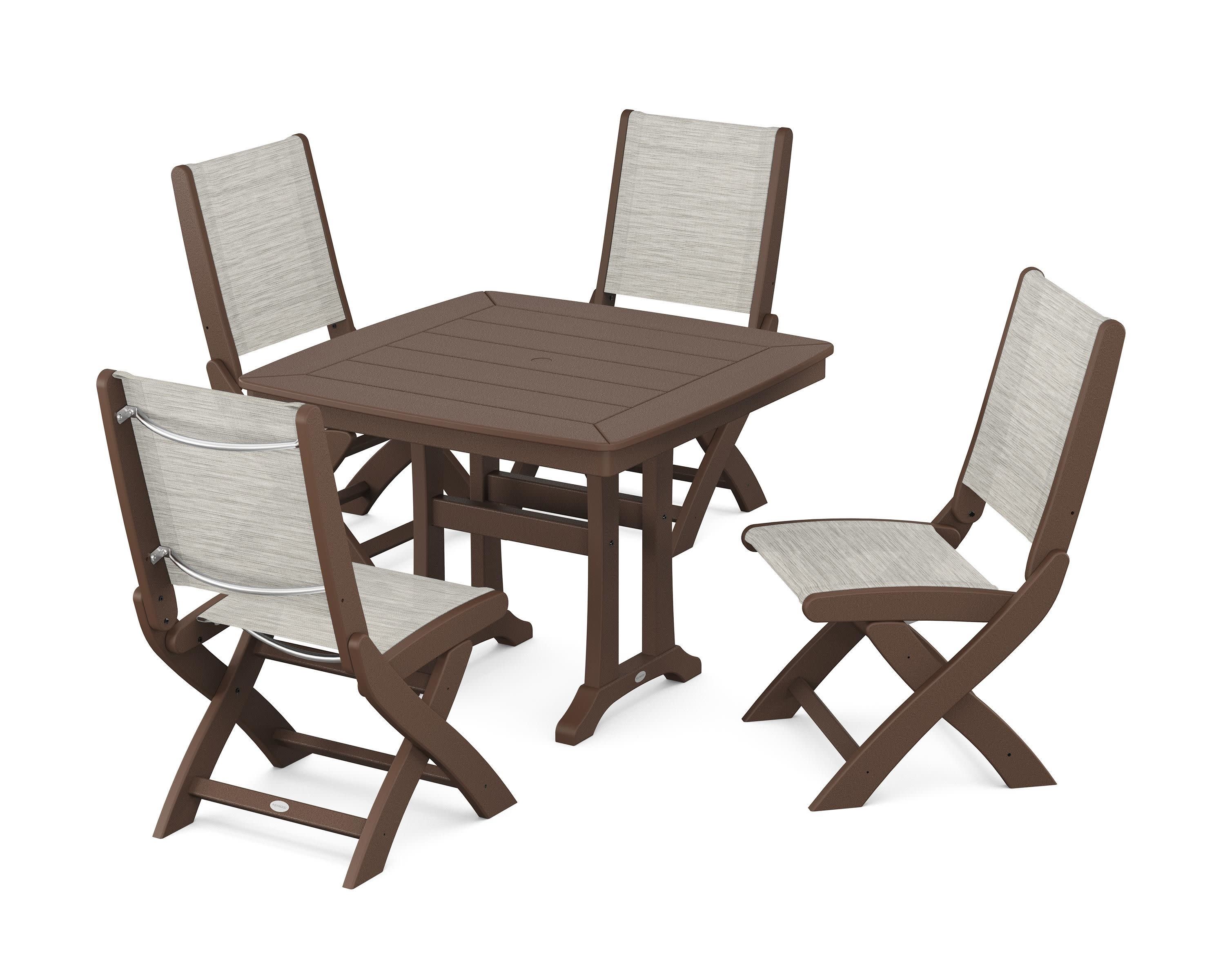 Coastal Folding Side Chair 5-Piece Dining Set with Trestle Legs in Mahogany / Birch Sling