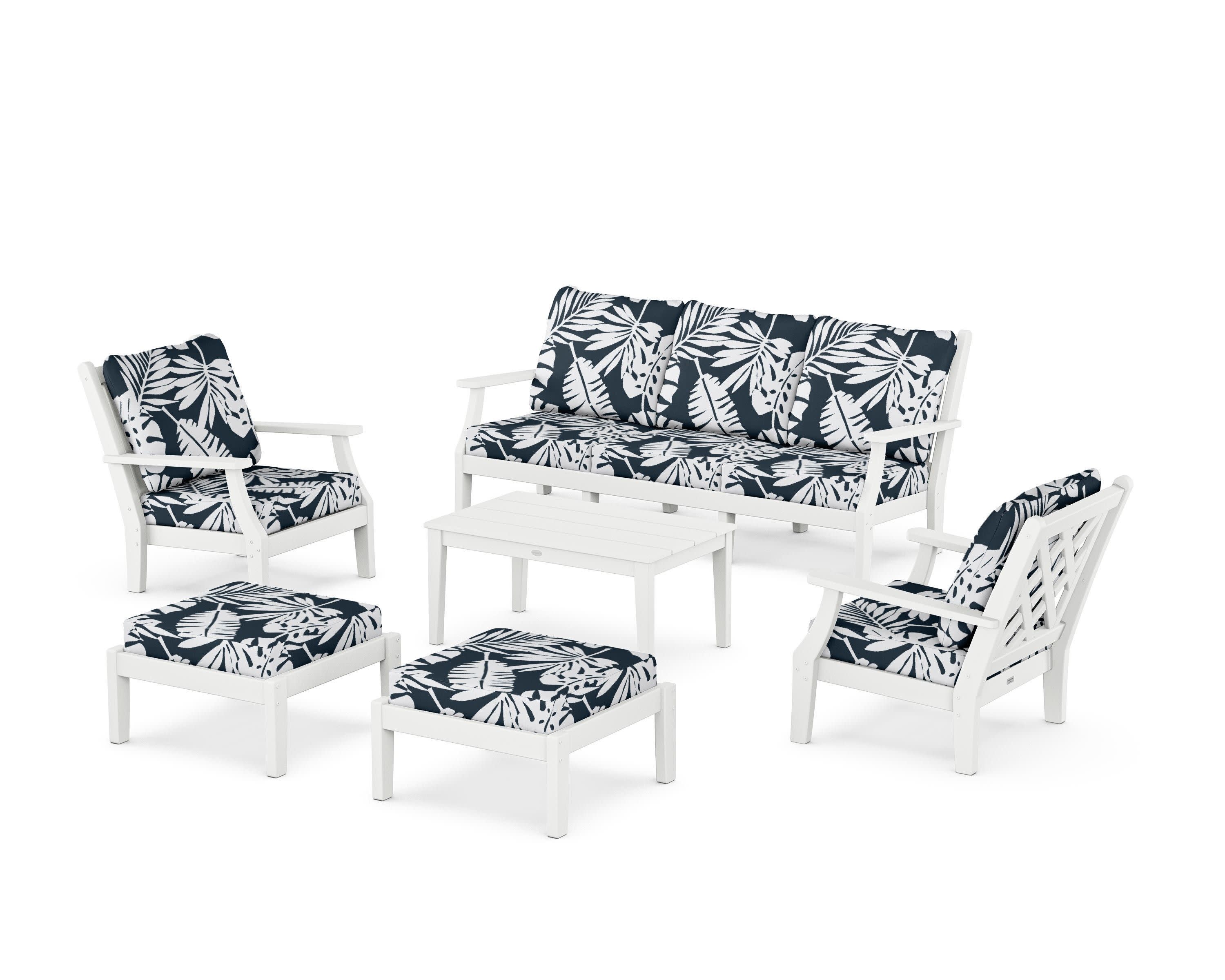 Wovendale 6-Piece Lounge Sofa Set in White / Leaf Marine Indigo