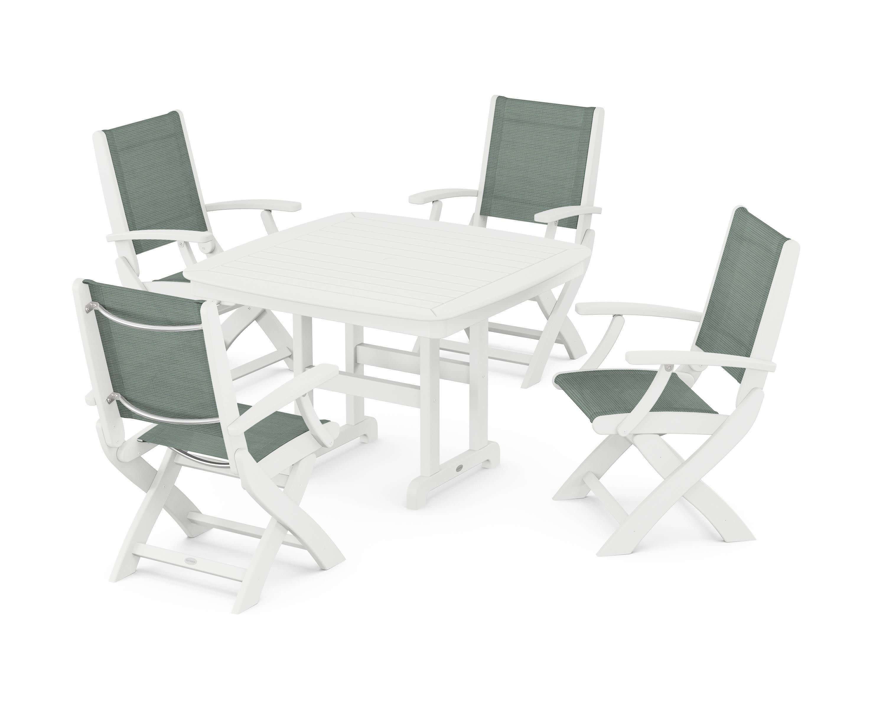 Coastal Folding Chair 5-Piece Dining Set in White / Dupioni Sea Mist Sling