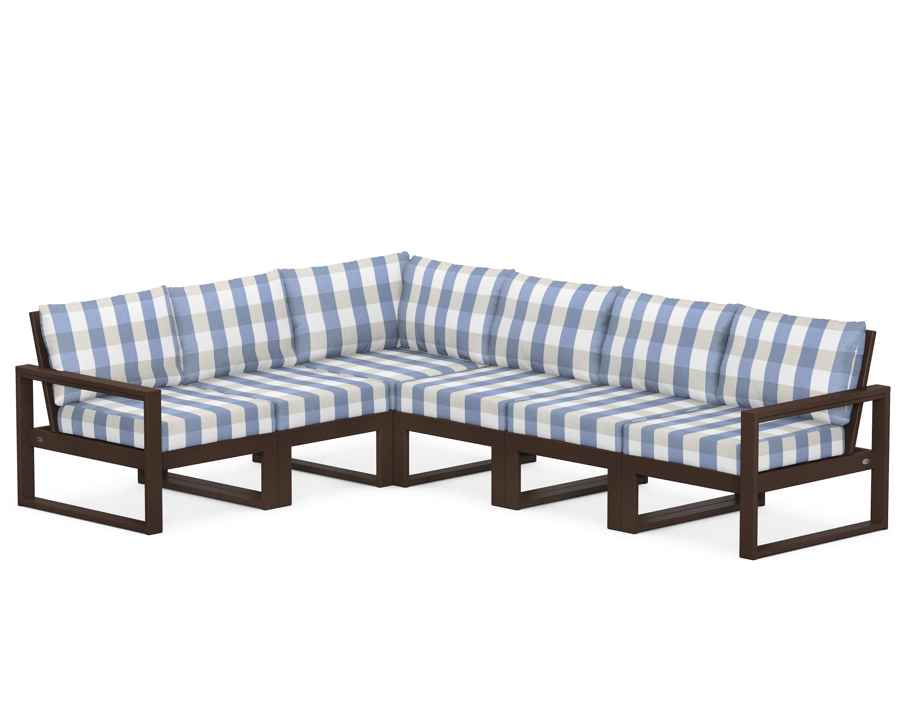 EDGE 6-Piece Modular Deep Seating Set in Mahogany / Buffalo Plaid Sky Blue