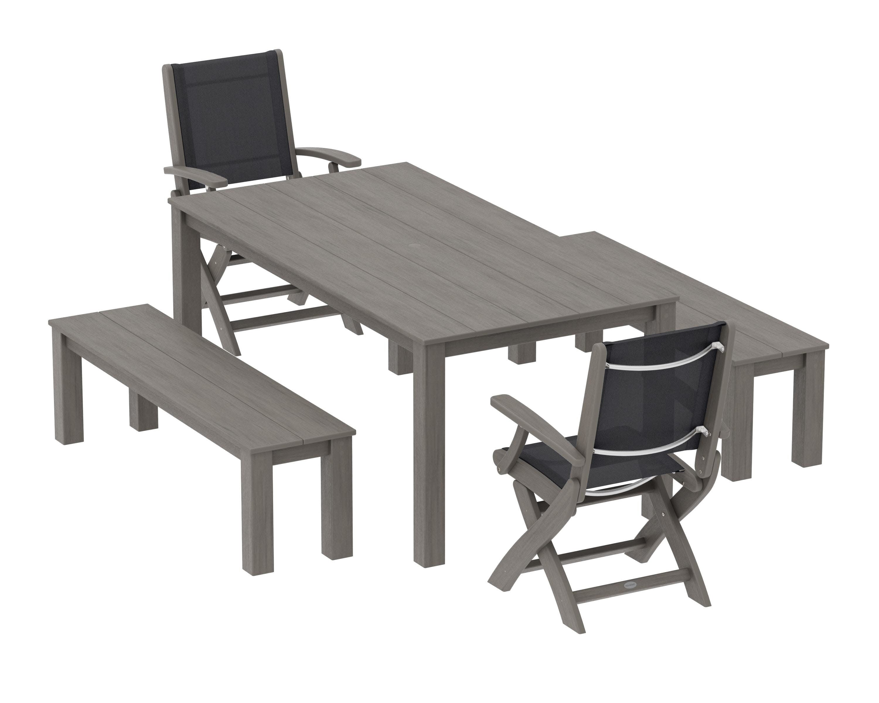 Coastal Folding Chair 5-Piece Parsons Dining Set with Benches in Driftwood / Black Sling