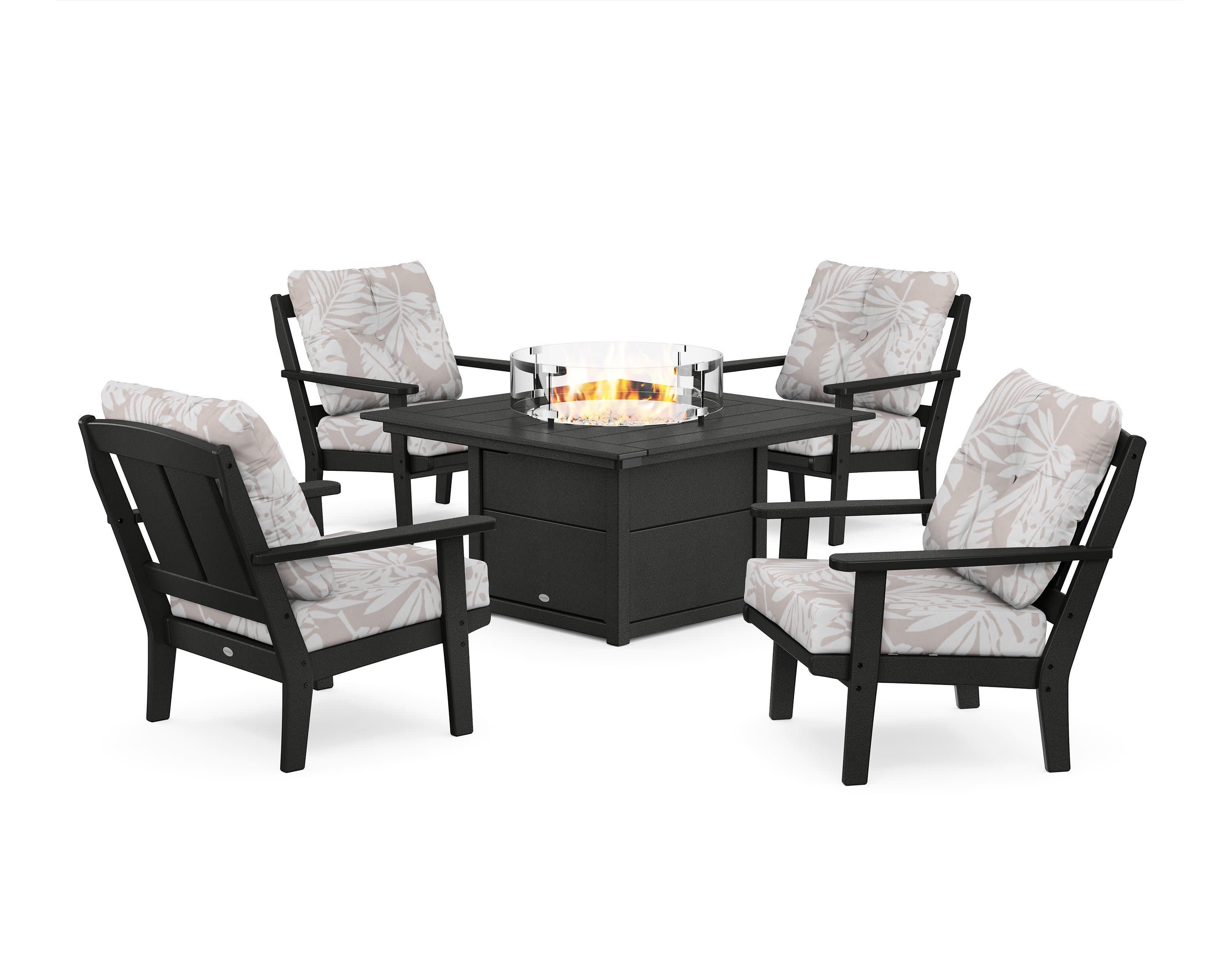 Mission 5-Piece Deep Seating Set with Fire Pit Table in Black / Leaf Dune Burlap