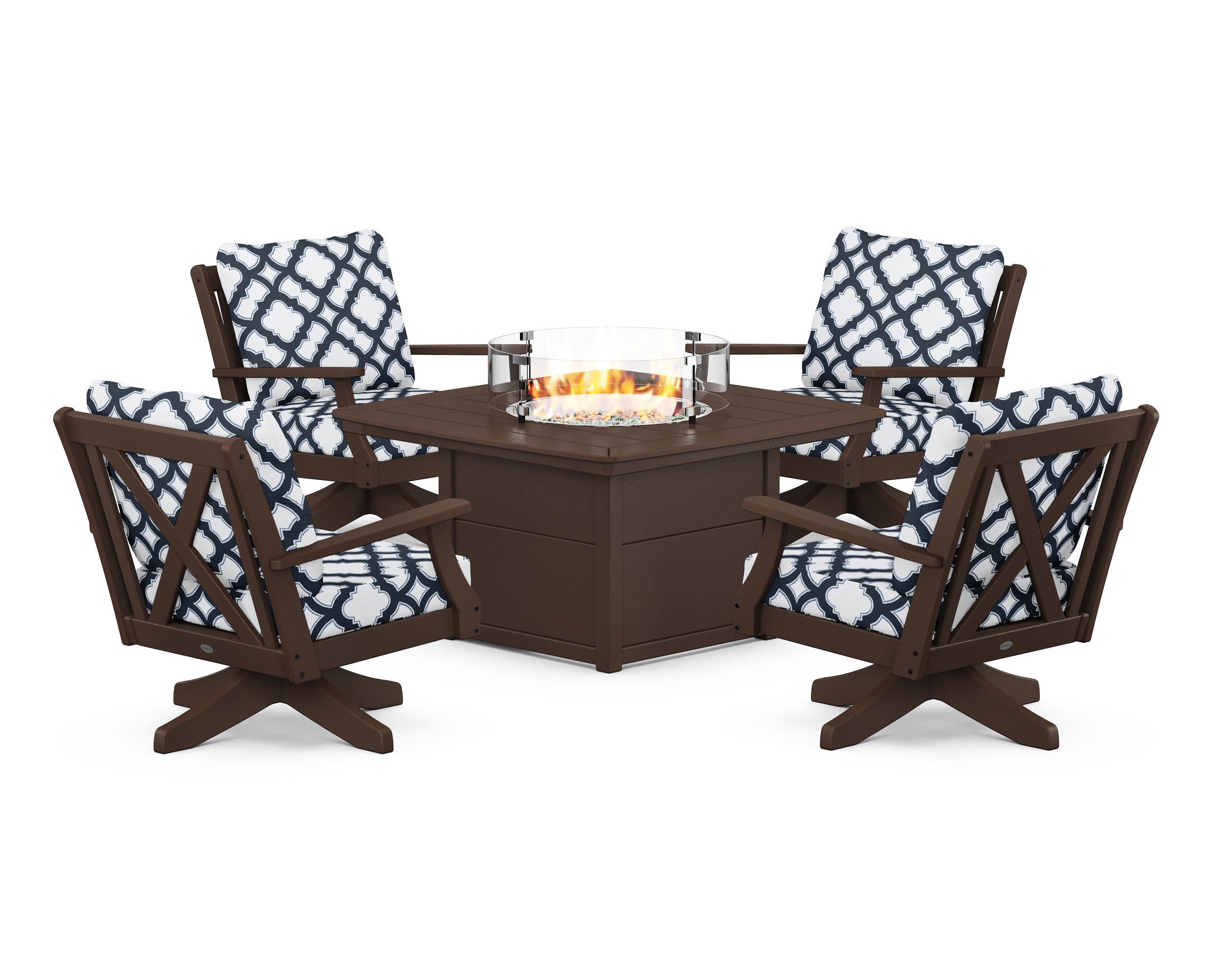 Braxton 5-Piece Deep Seating Swivel Conversation Set with Fire Pit Table in Mahogany / Trellis Marine Indigo