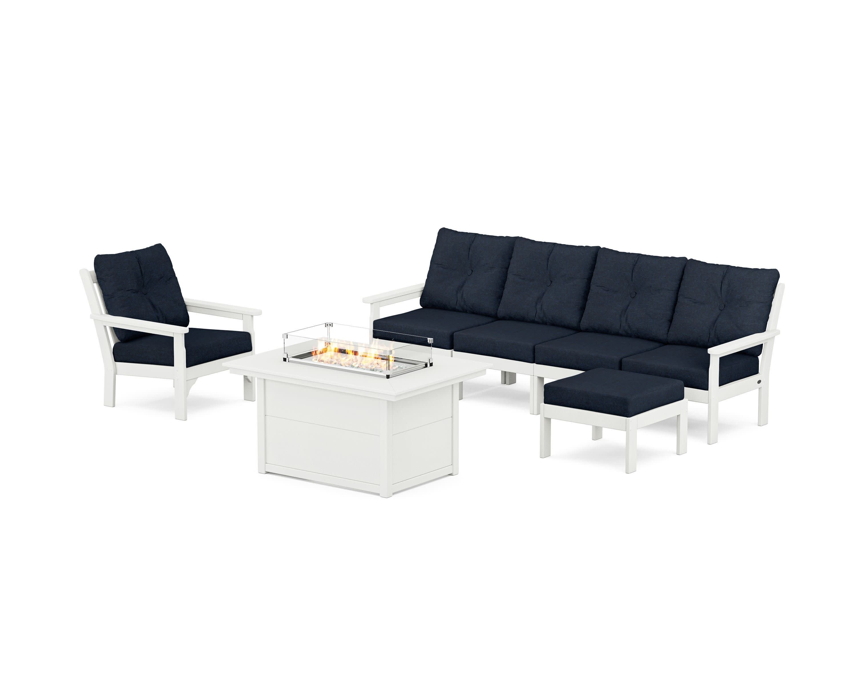 Vineyard Sectional Lounge and Fire Pit Set in Vintage White / Marine Indigo