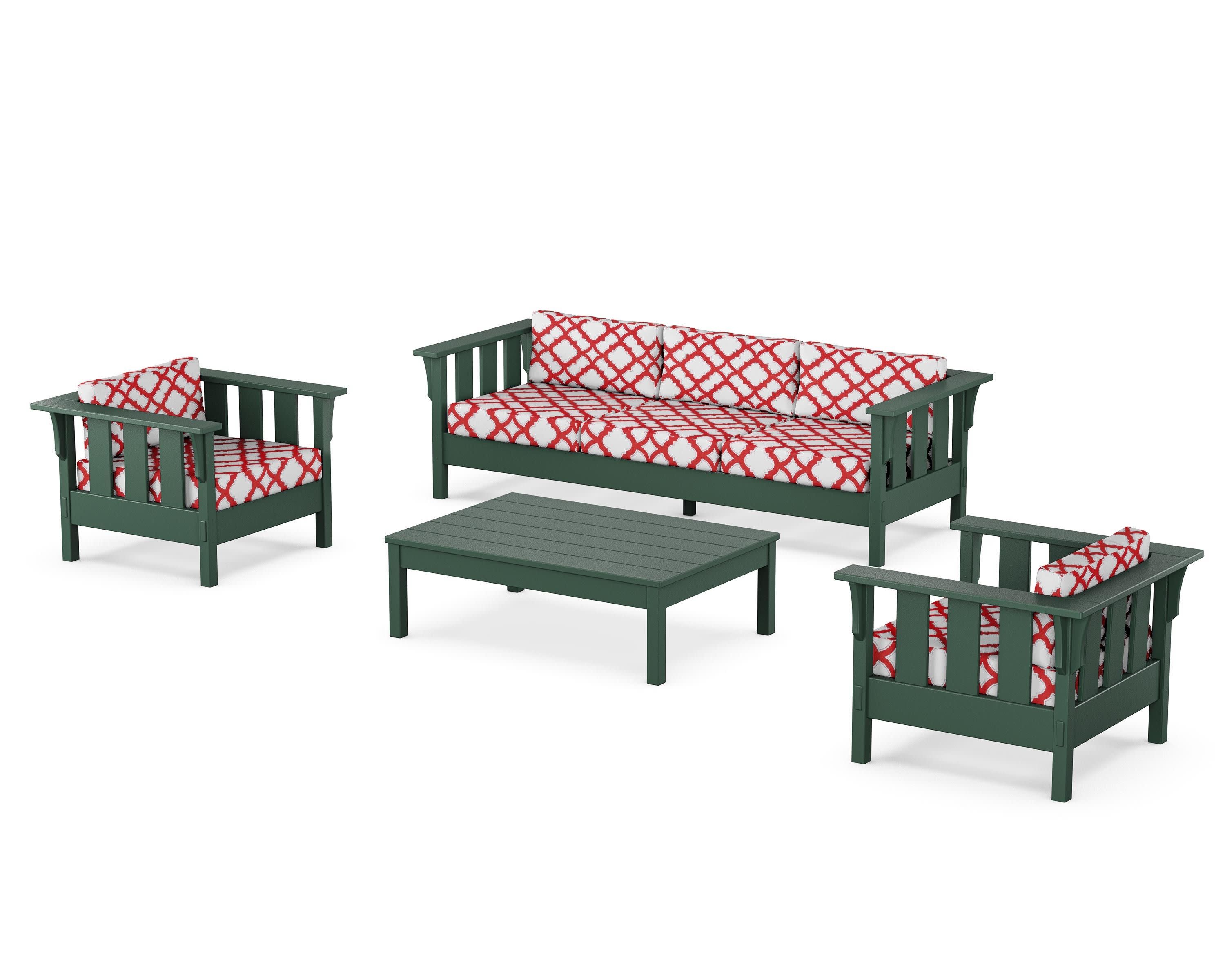 Acadia 4-Piece Deep Seating Set with Sofa in Green / Trellis Crimson