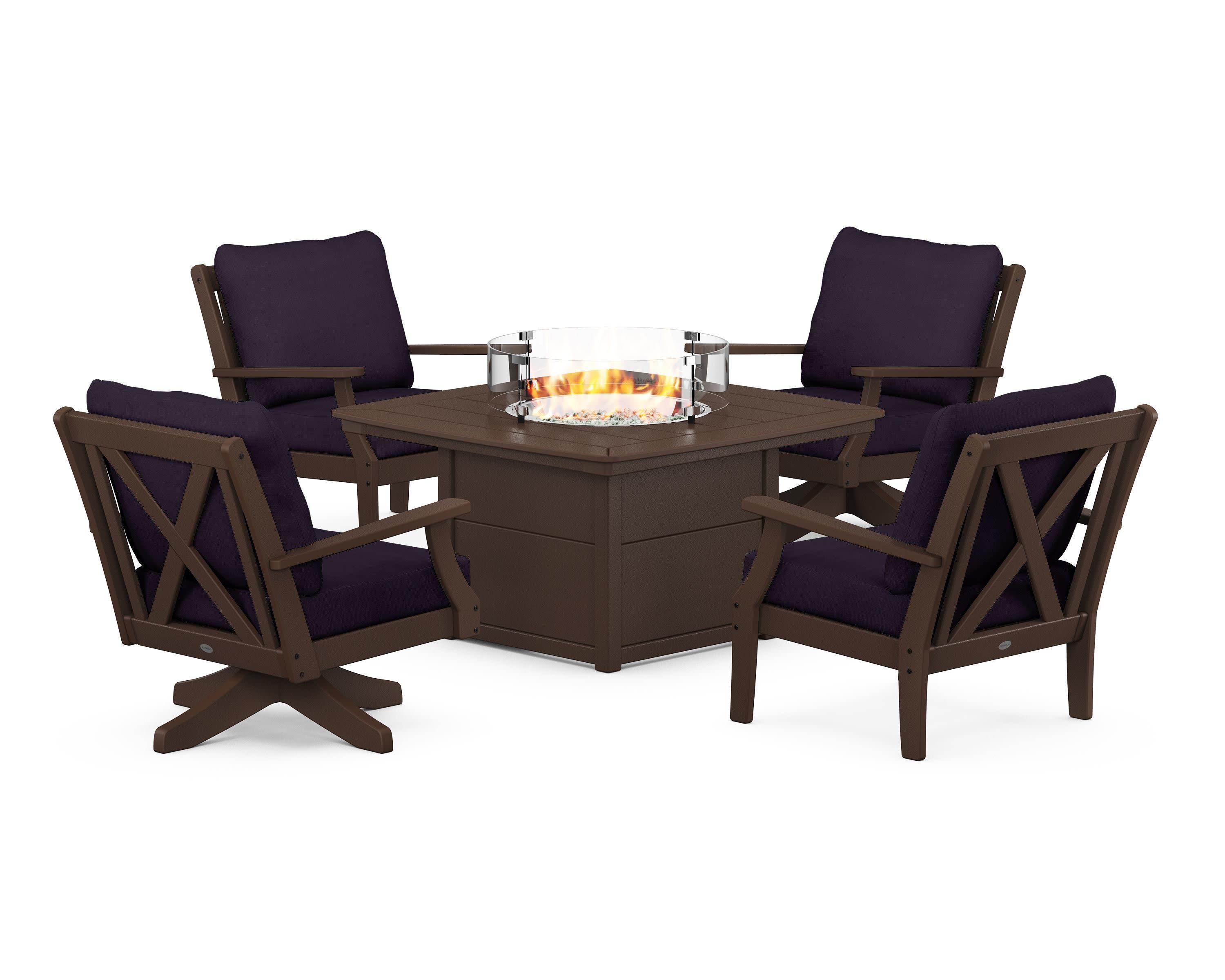 Braxton 5-Piece Deep Seating Set with Fire Table in Mahogany / Navy Linen