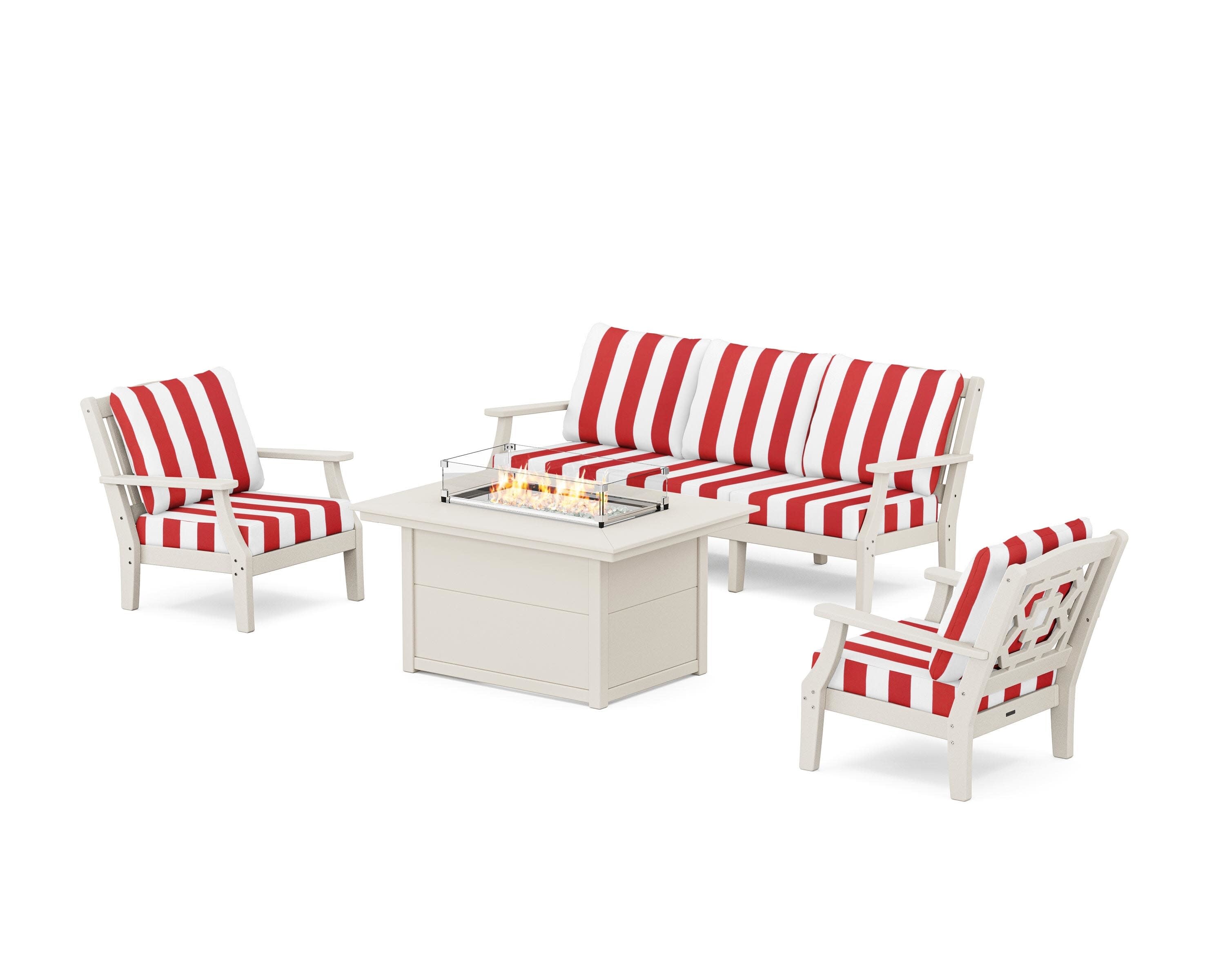 Chinoiserie Deep Seating Fire Pit Table Set in Sand / Cabana Stripe Crimson