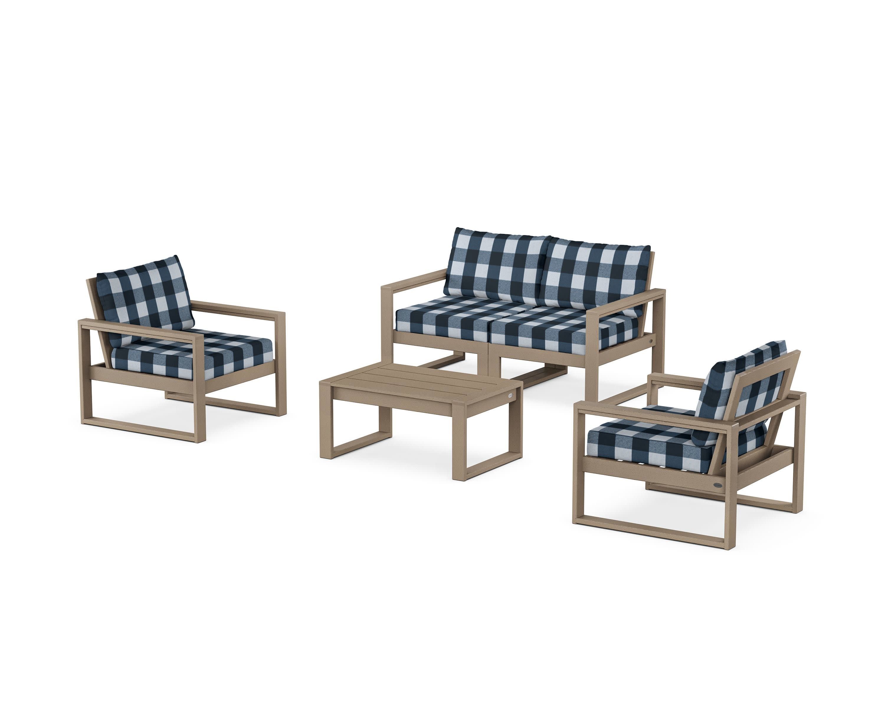 EDGE Sectional 4-Piece Deep Seating Set with Loveseat in Vintage Sahara / Buffalo Plaid Marine Indigo