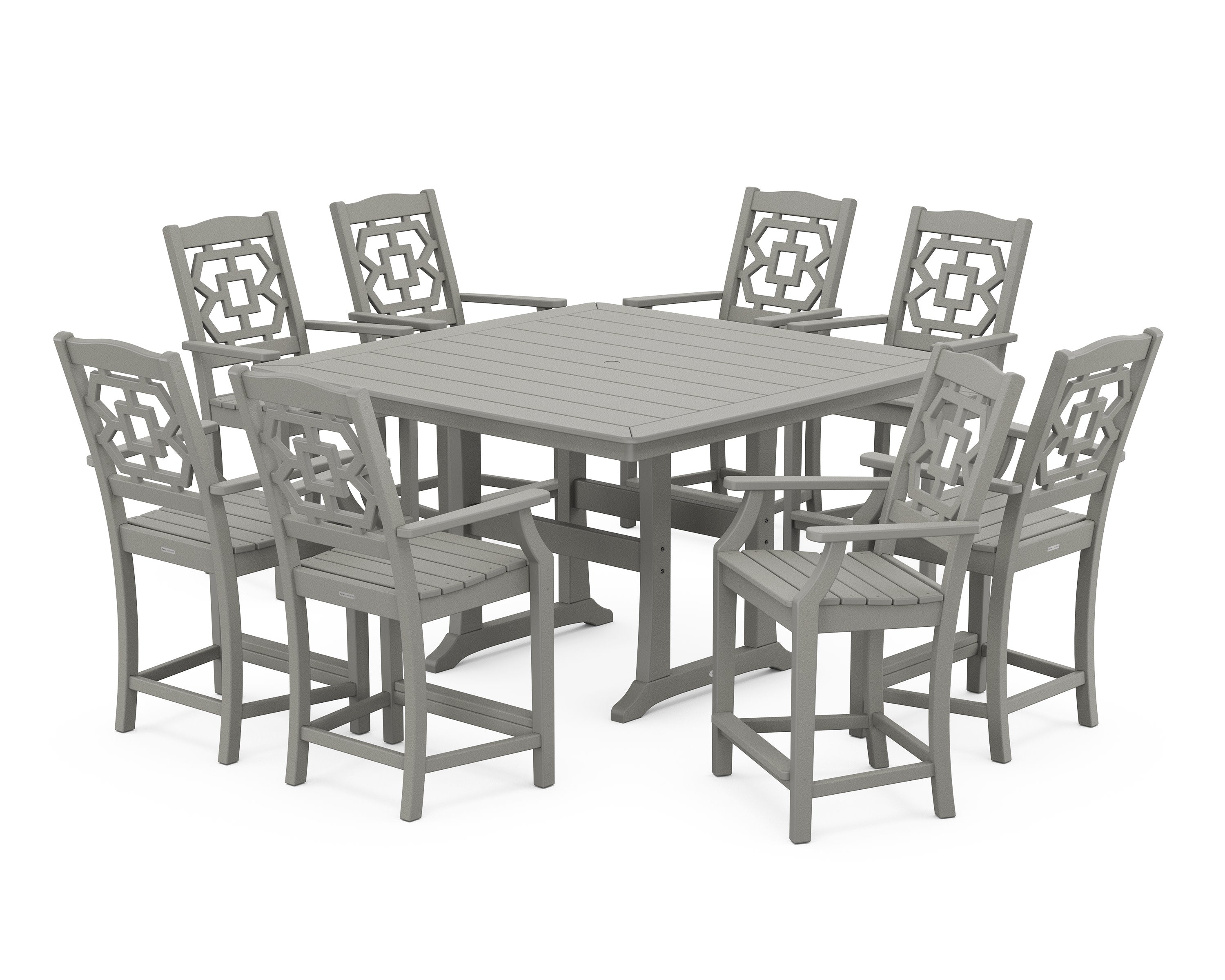 Chinoiserie 9-Piece Square Counter Set with Trestle Legs in Slate Grey