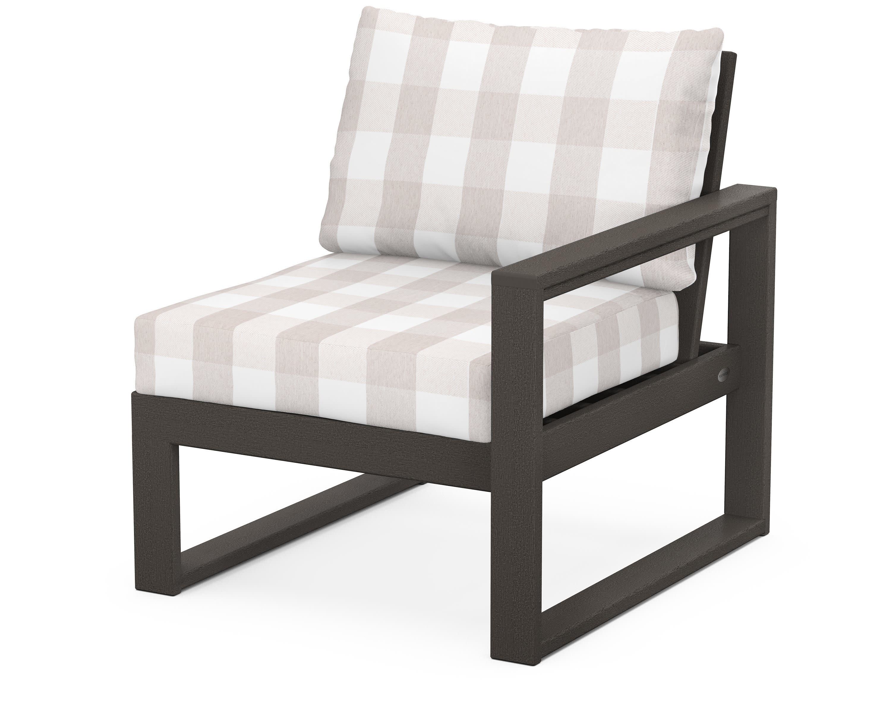 EDGE Modular Right Arm Chair in Vintage Coffee / Buffalo Plaid Dune Burlap