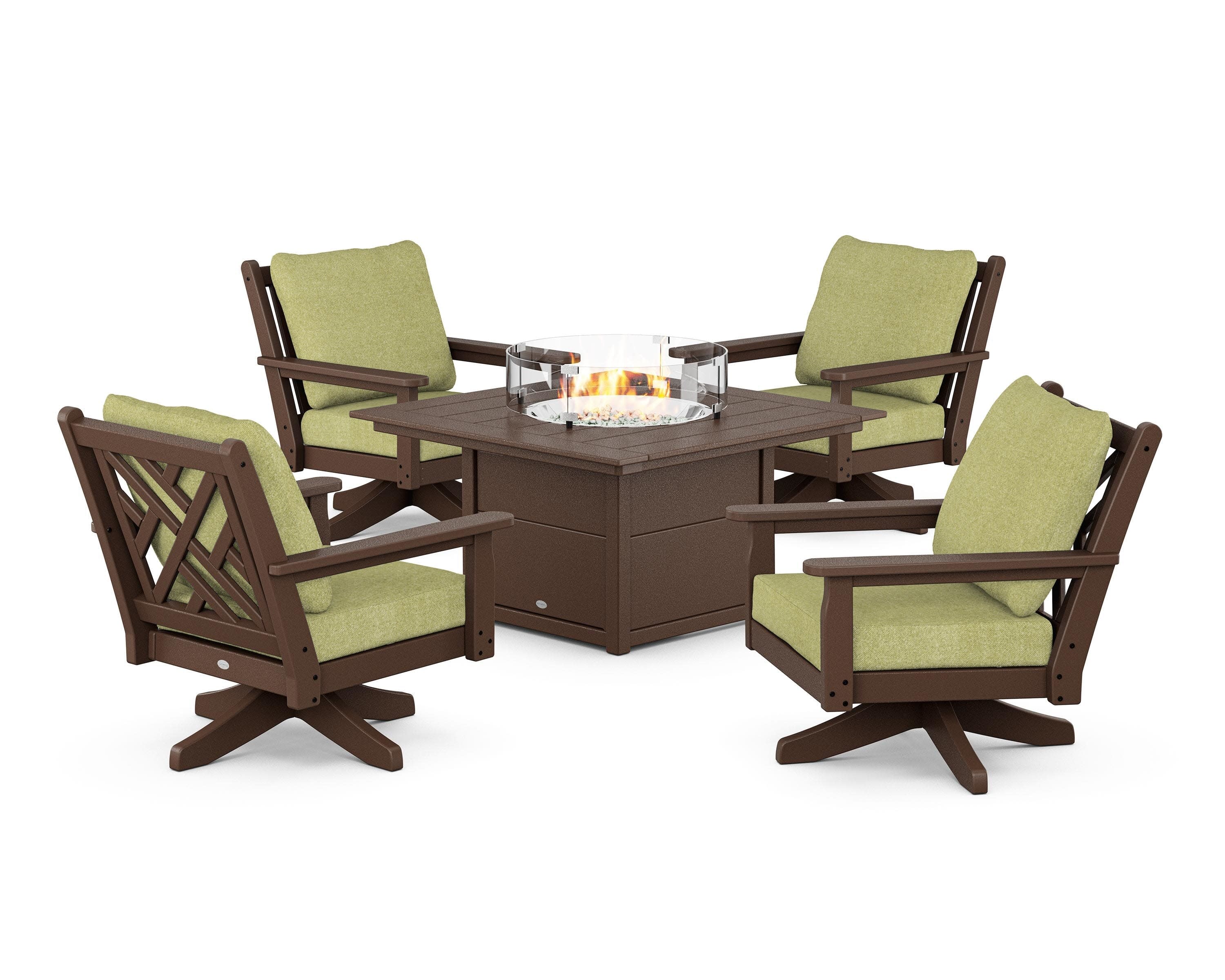 Chippendale 5-Piece Deep Seating Swivel Conversation Set with Fire Pit Table in Mahogany / Chartreuse Boucle