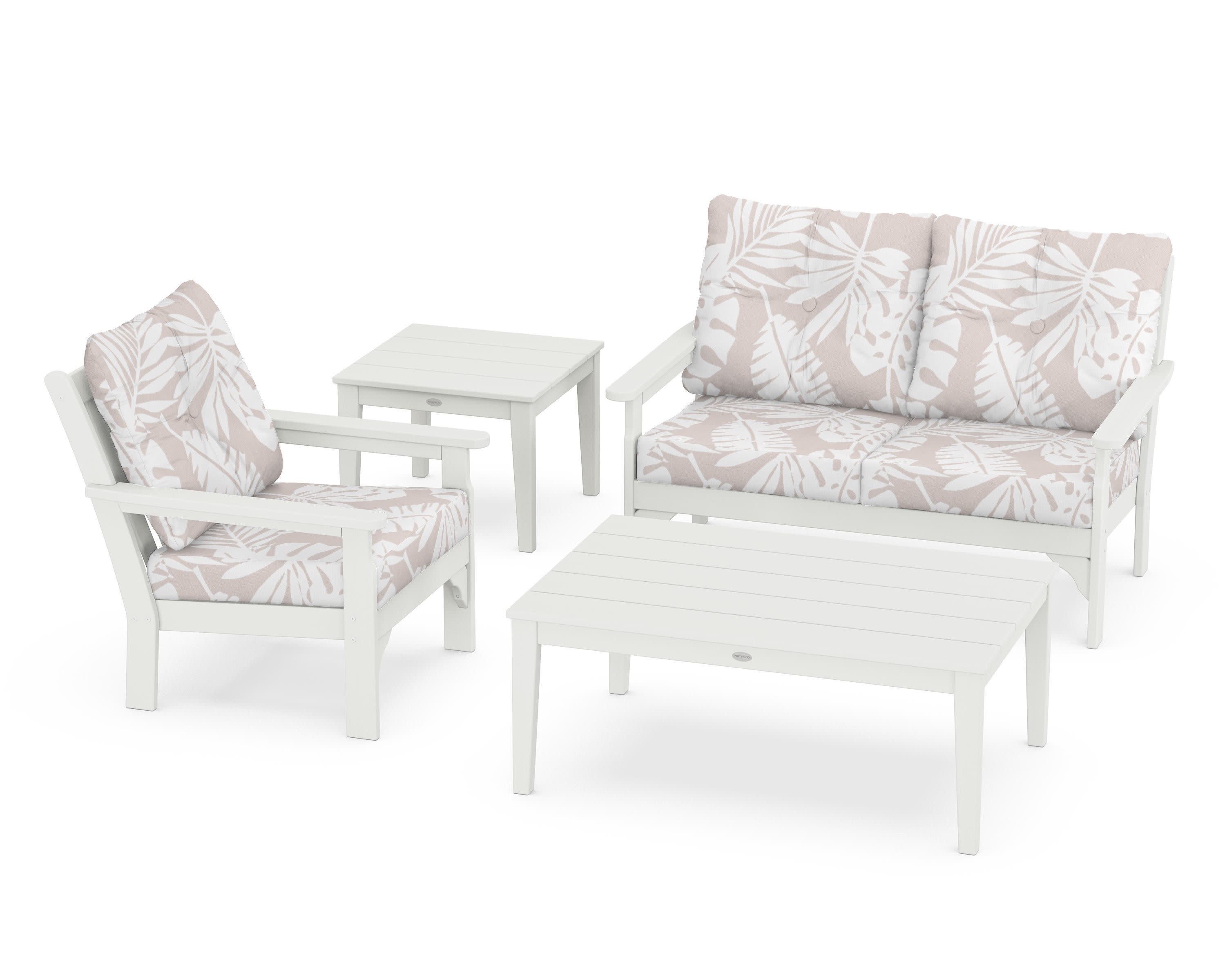 Vineyard 4-Piece Deep Seating Set in Vintage White / Leaf Dune Burlap