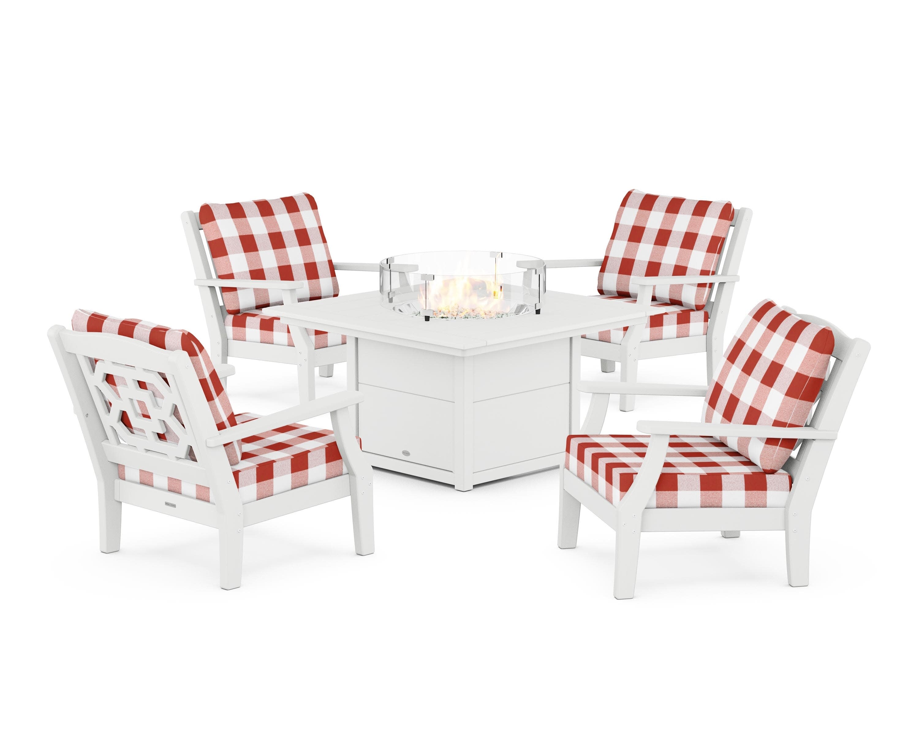 Chinoiserie 5-Piece Deep Seating Set with Fire Pit Table in White / Buffalo Plaid Crimson