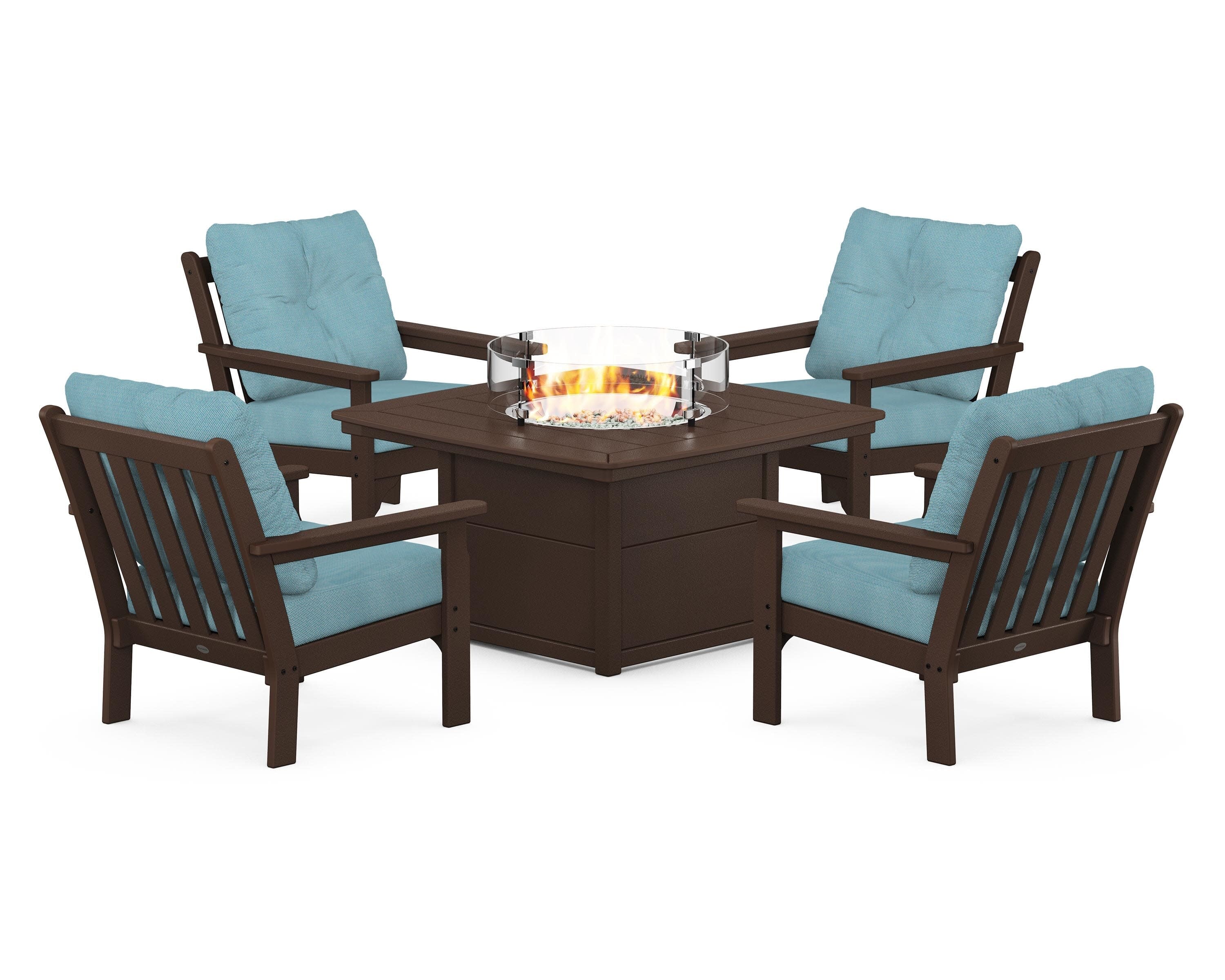 Vineyard 5-Piece Conversation Set with Fire Pit Table in Mahogany / Lattice Sky Blue