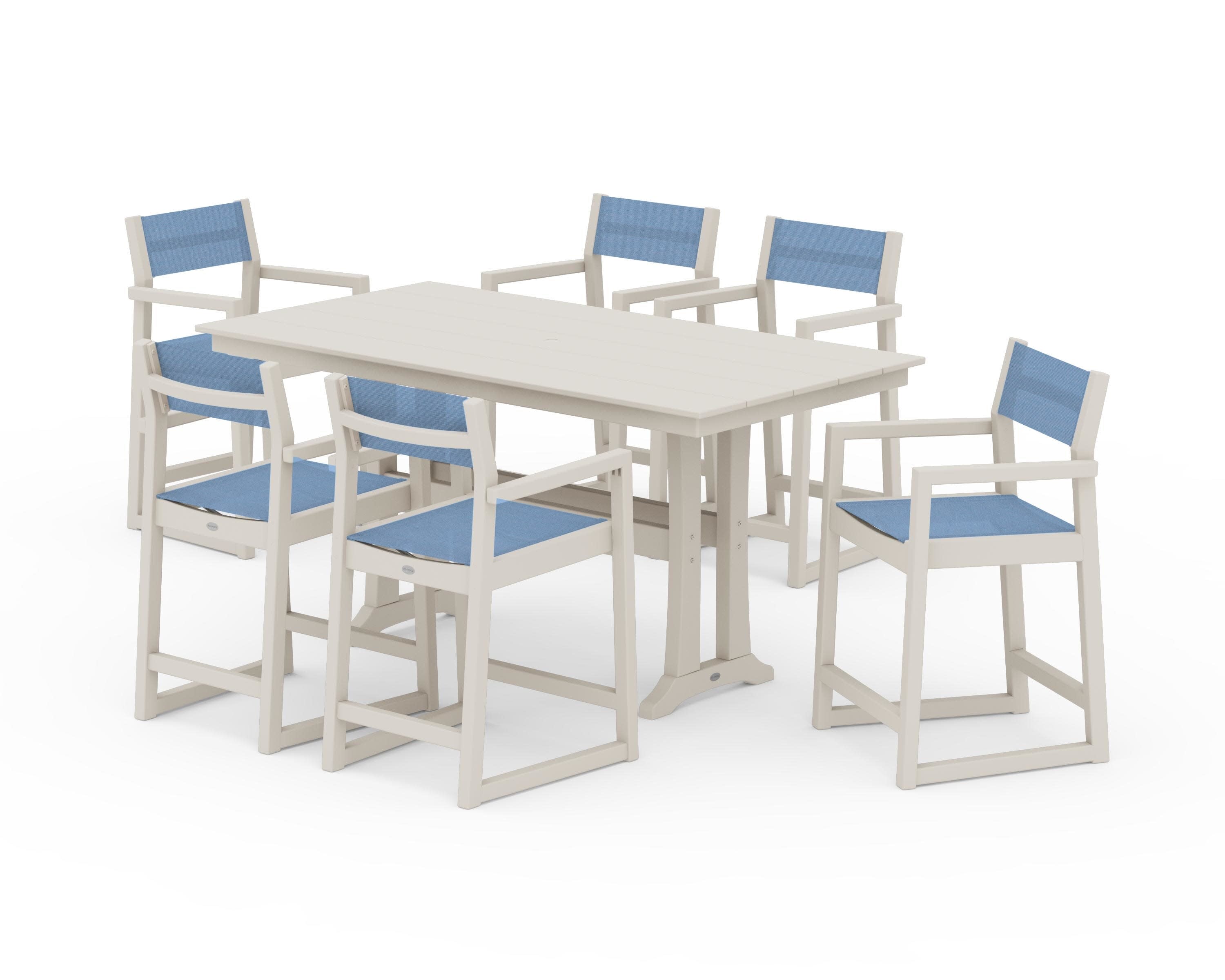 EDGE Sling Arm Chair 7-Piece Farmhouse Counter Set with Trestle Legs in Sand / Poolside Sling