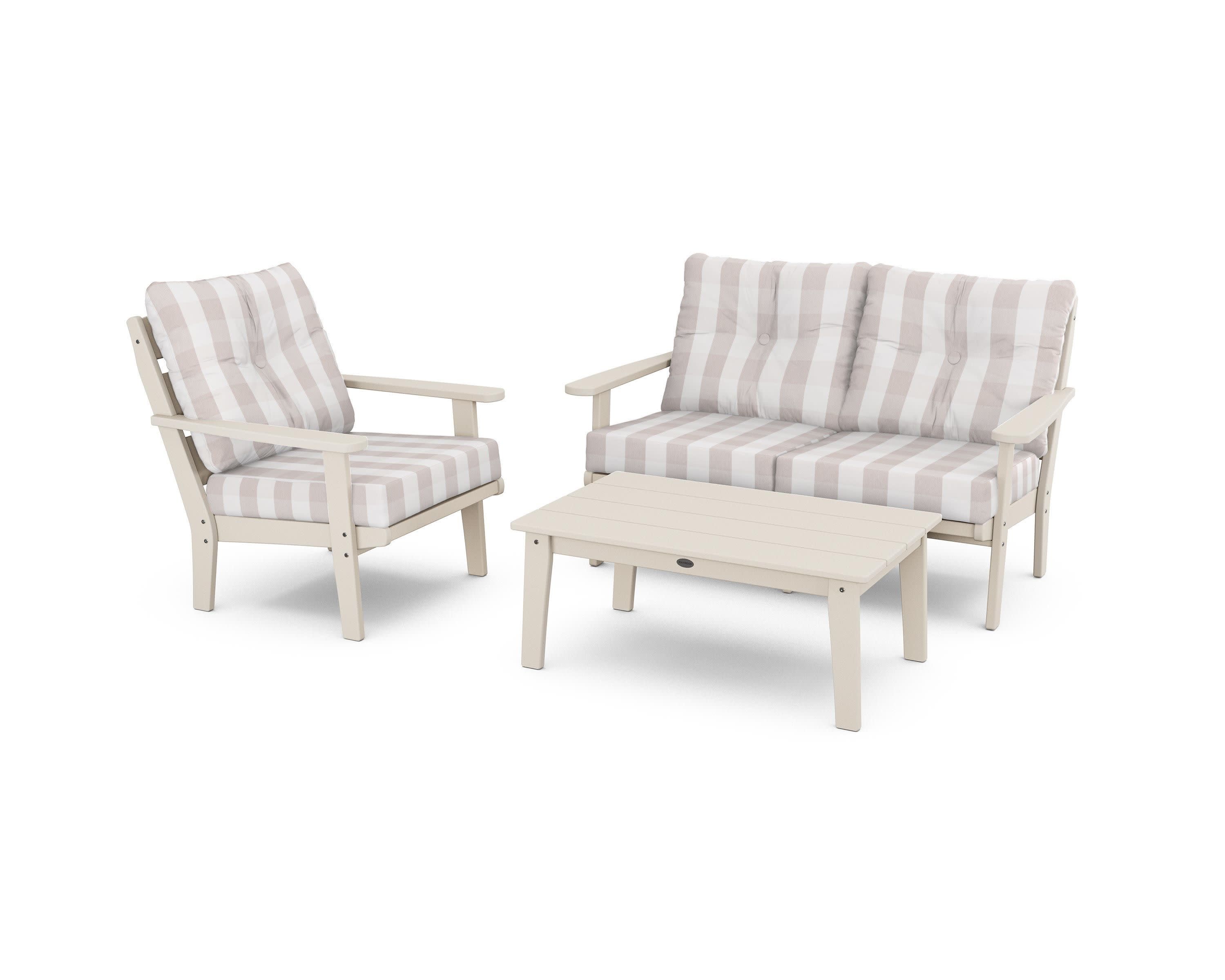 Lakeside 3-Piece Deep Seating Set in Sand / Buffalo Plaid Dune Burlap
