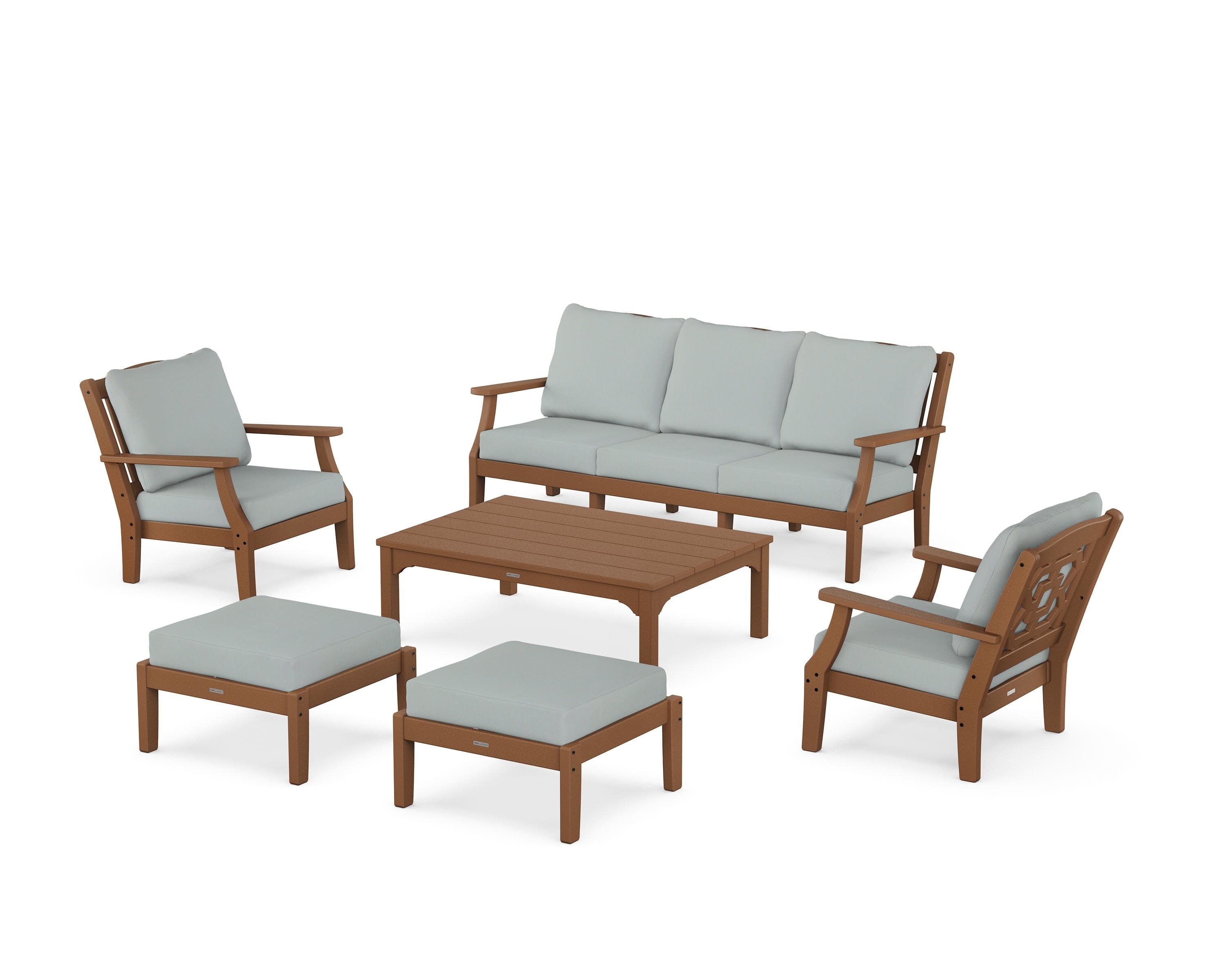 Chinoiserie 6-Piece Lounge Sofa Set in Teak / Spa