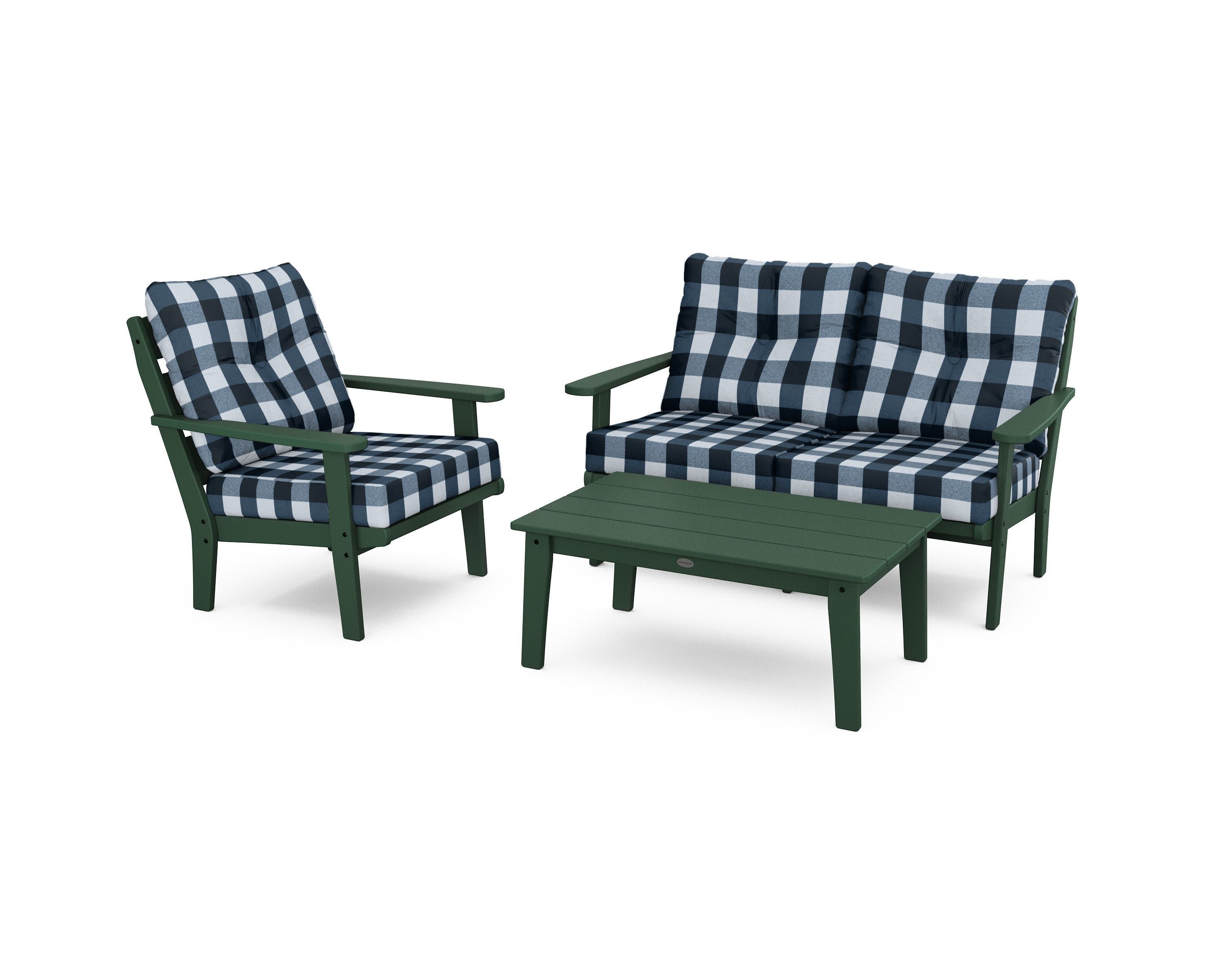 Lakeside 3-Piece Deep Seating Set in Green / Buffalo Plaid Marine Indigo