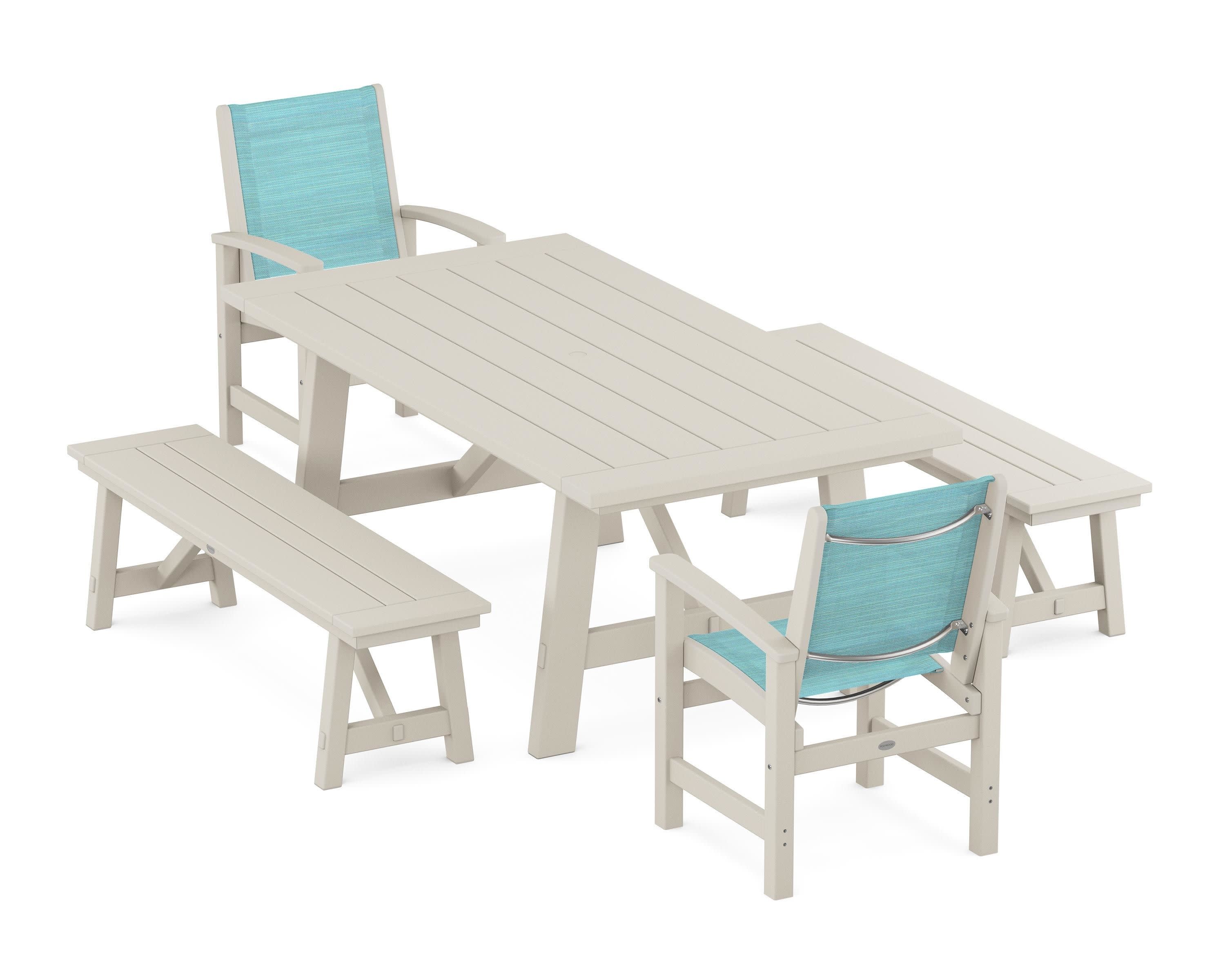 Coastal 5-Piece Rustic Farmhouse Dining Set With Benches in Sand / Dupioni Aquamarine Sling