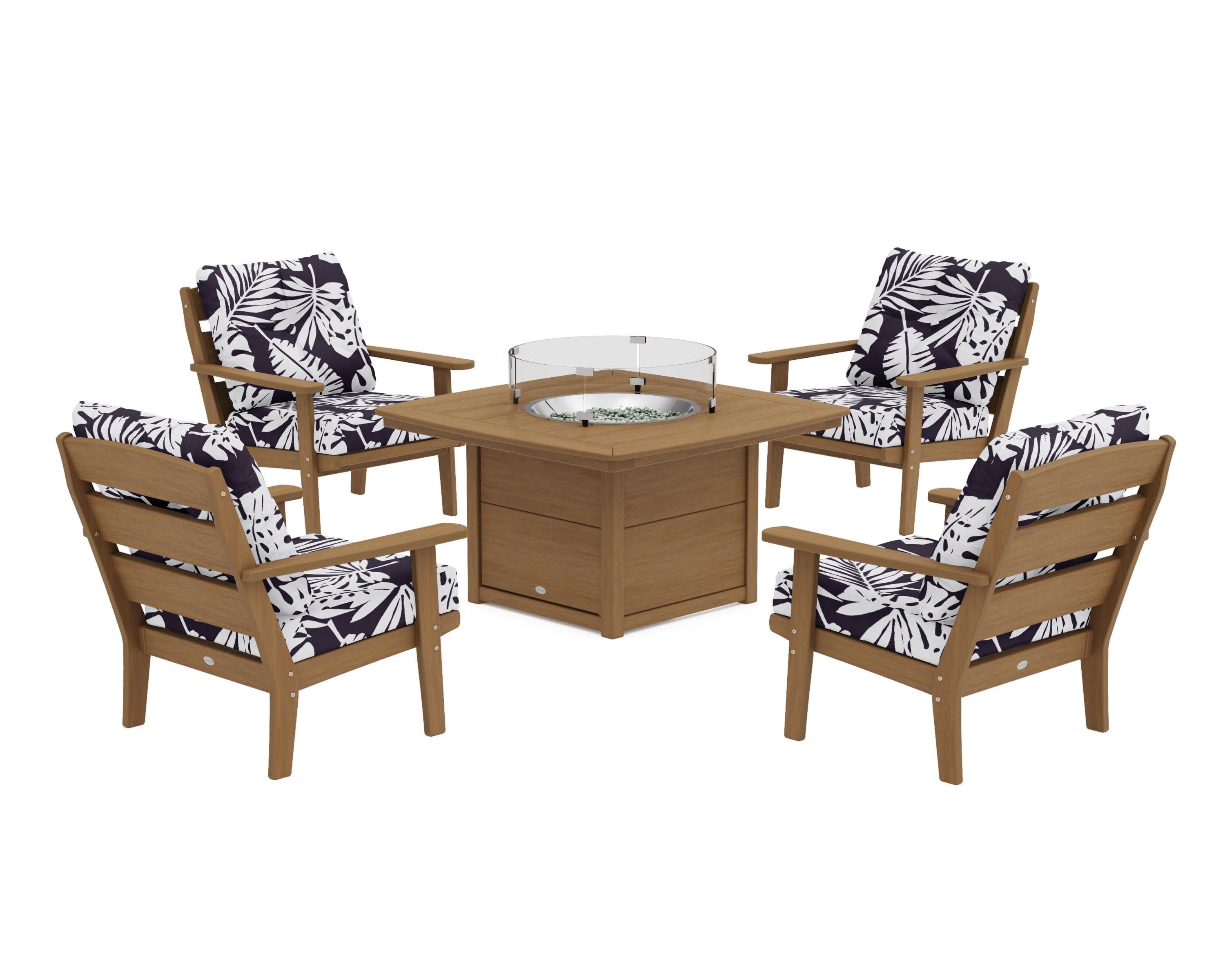 Lakeside 5-Piece Deep Seating Set with Nautical Fire Pit Table in Natural / Leaf Navy
