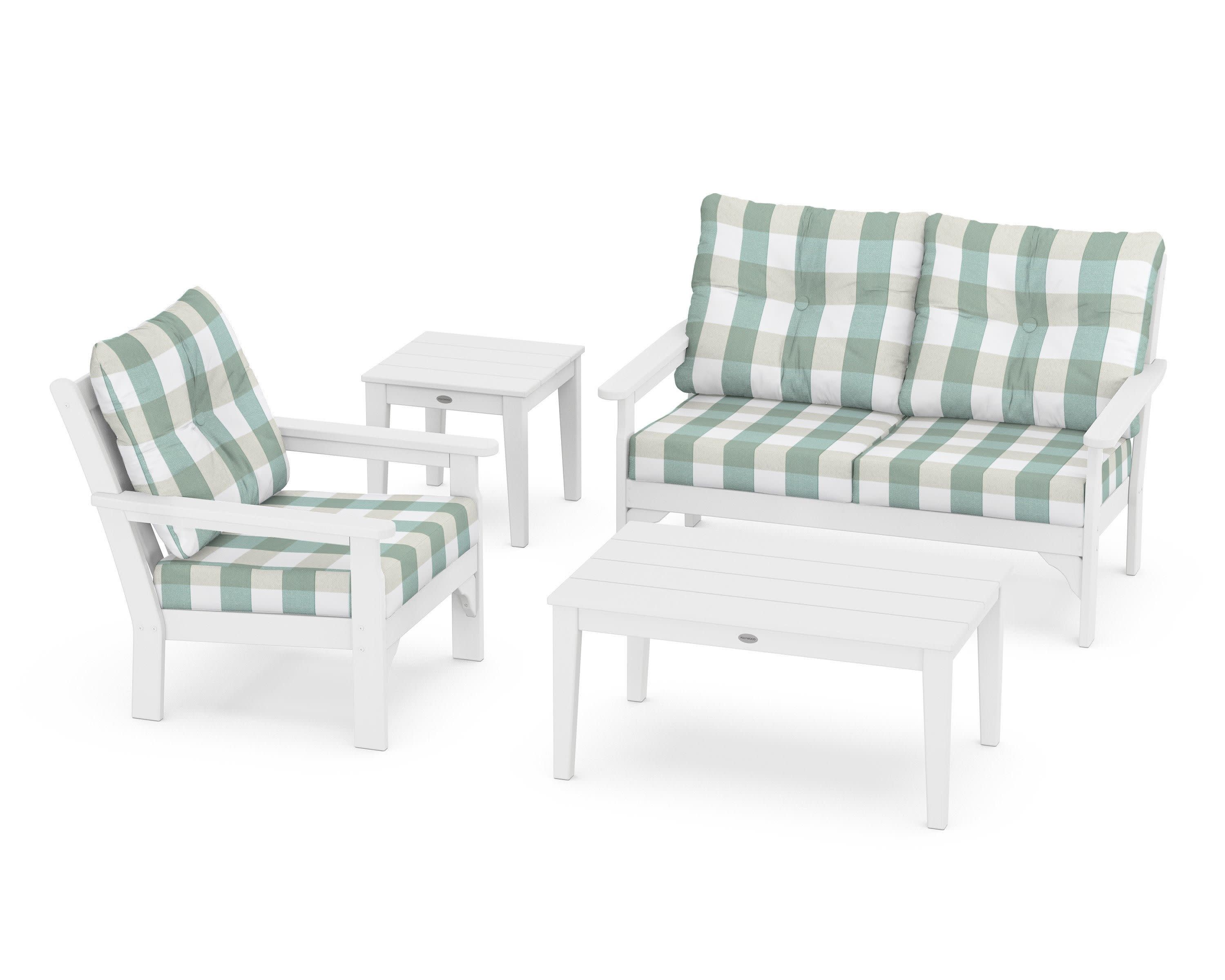 Vineyard 4-Piece Deep Seating Set in White / Buffalo Plaid Glacier Spa