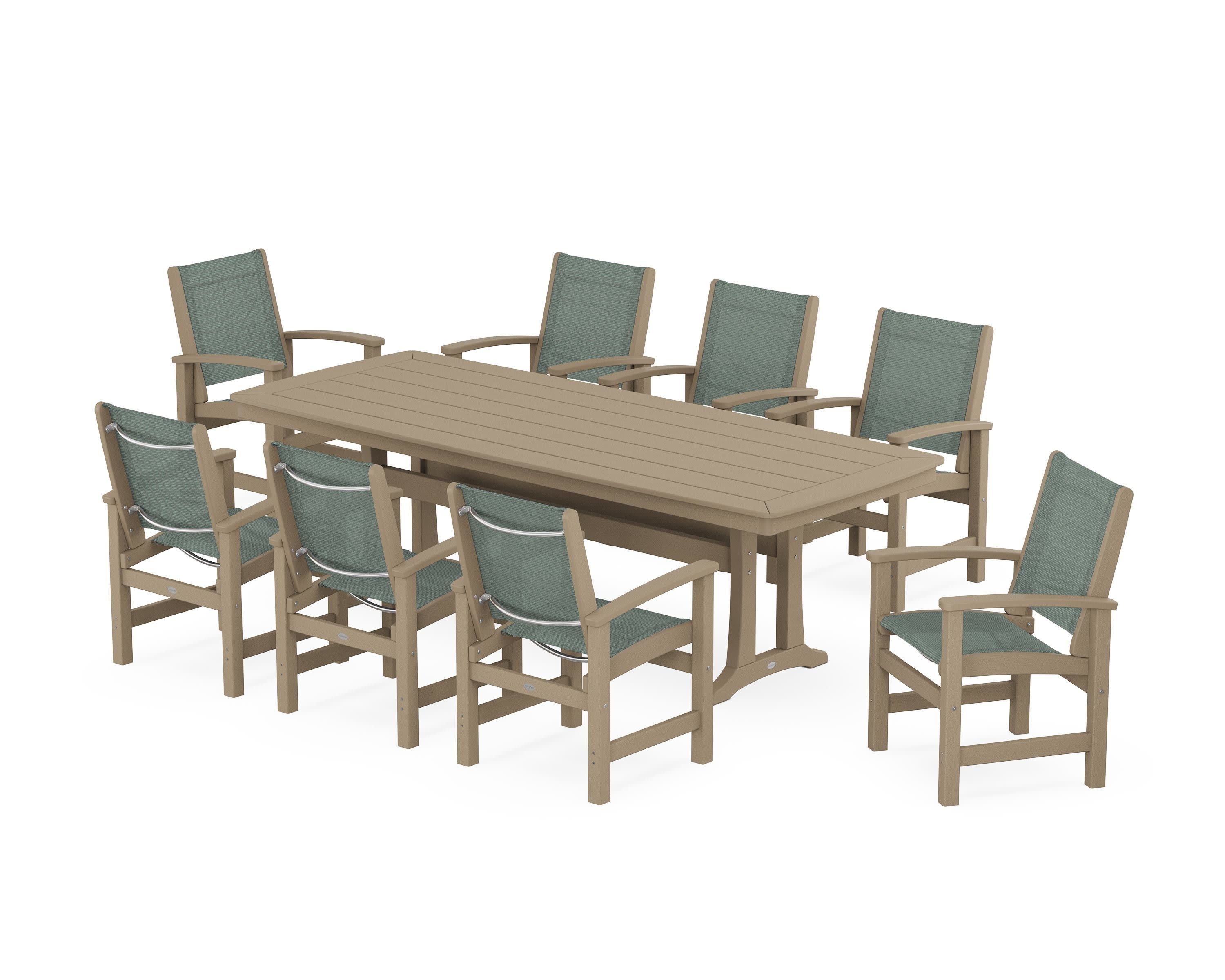 Coastal 9-Piece Dining Set with Trestle Legs in Vintage Sahara / Dupioni Sea Mist Sling