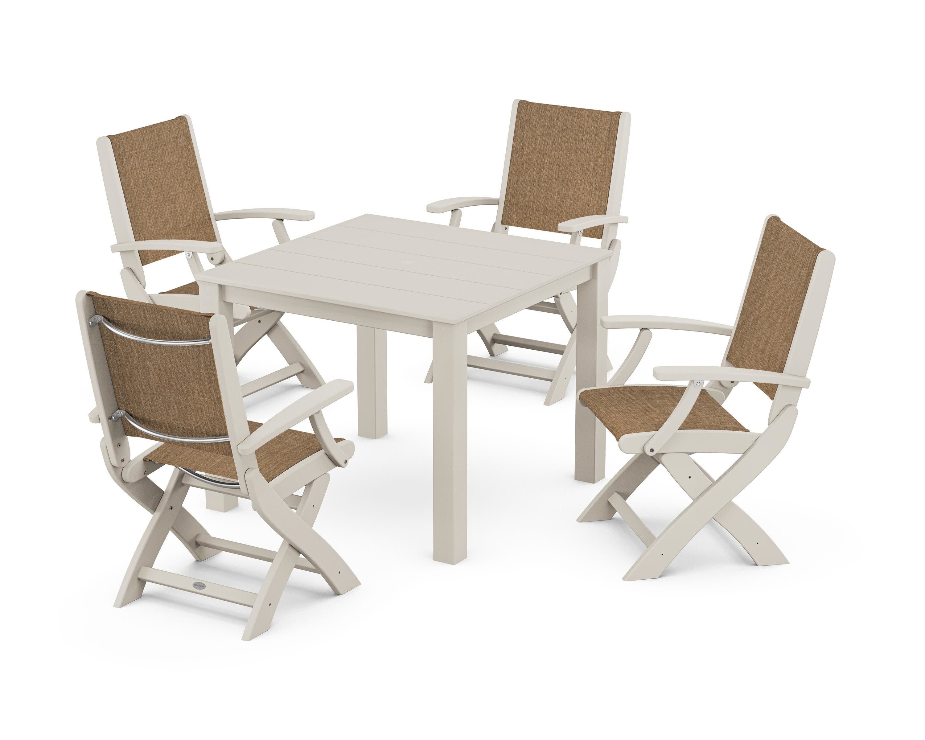 Coastal Folding Chair 5-Piece Parsons Dining Set in Sand / Burlap Sling